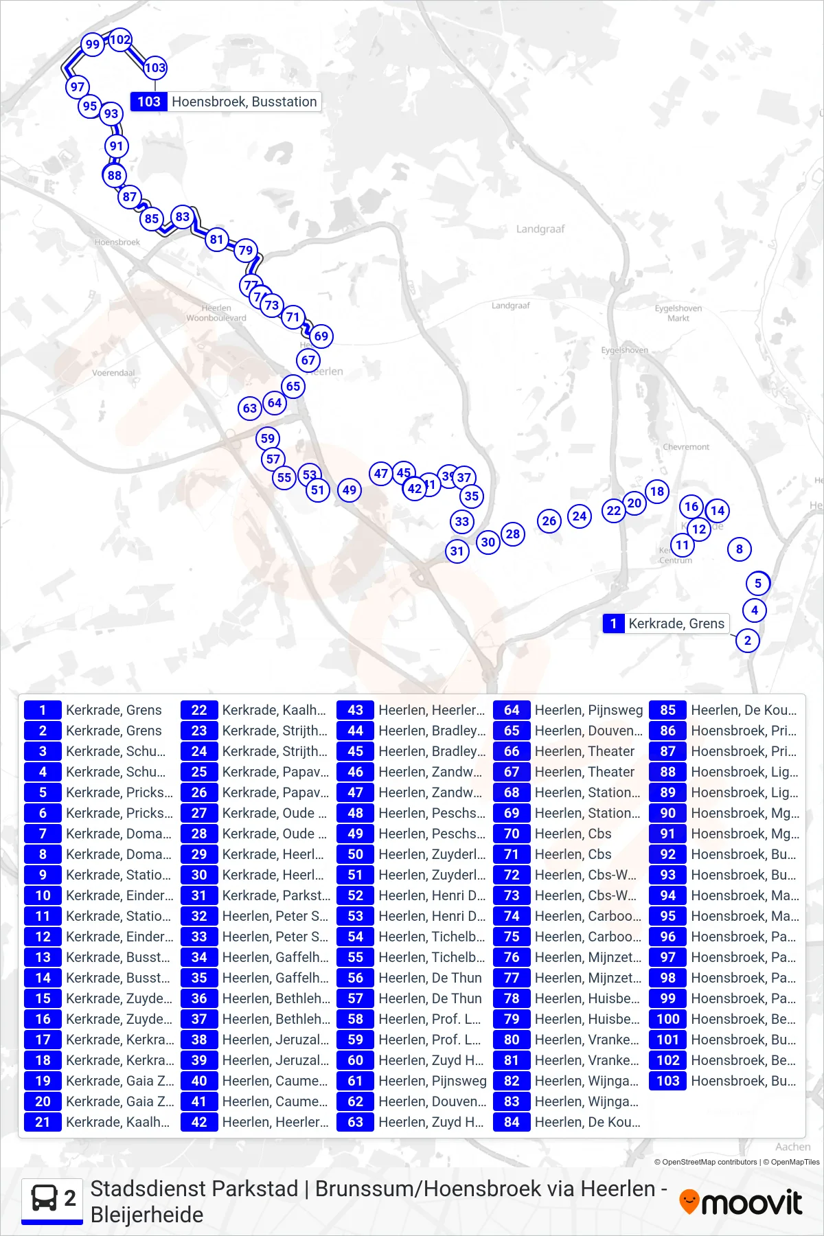 Lijn 2 (bus, Hoensbroek): route en haltes op de kaart