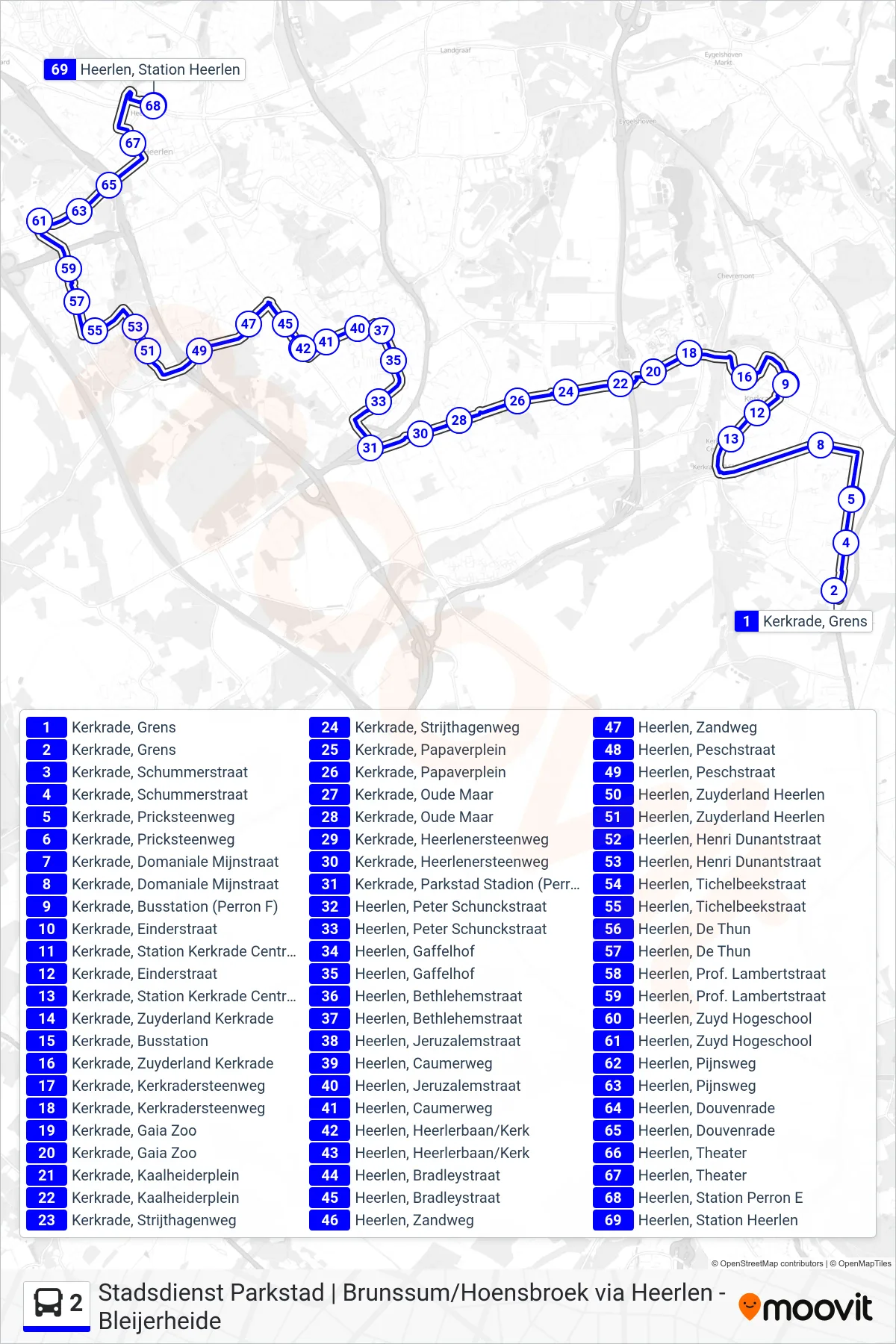 Lijn 2 (bus, Heerlen Station): route en haltes op de kaart