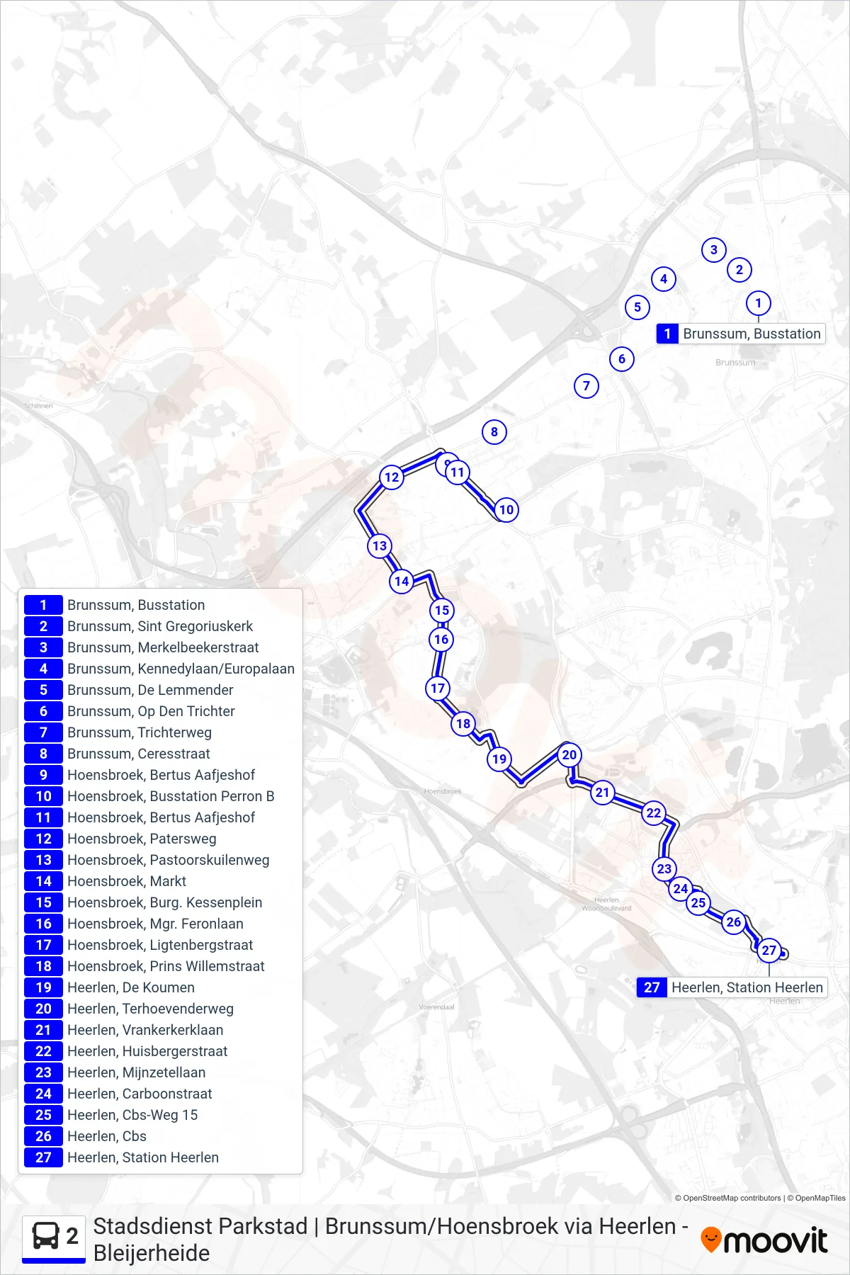 Lijn 2 (bus, Heerlen Station): route en haltes op de kaart