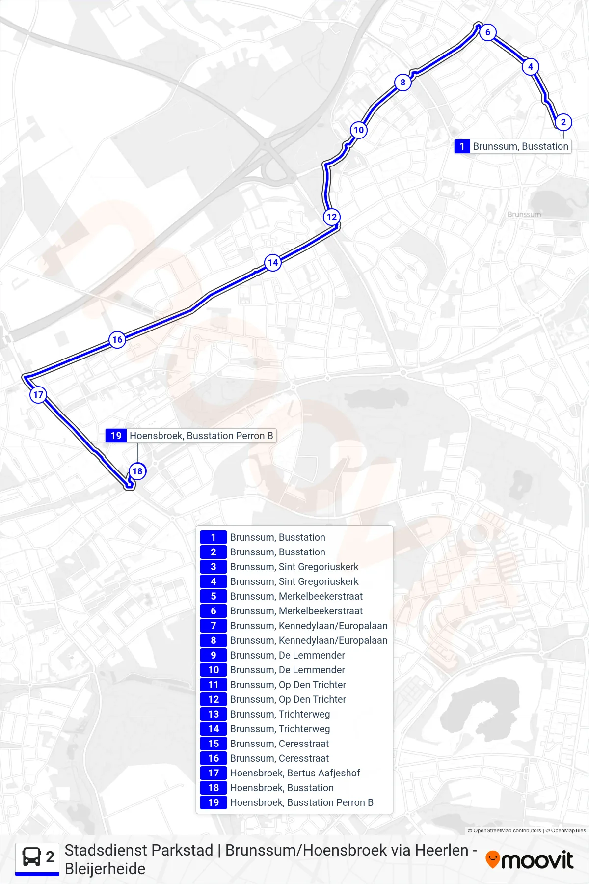 2 bus Line (Hoensbroek) route and stops on a map