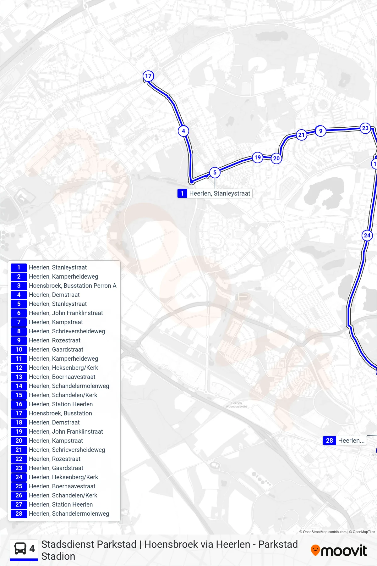 Lijn 4 (bus, Heerlen Station): route en haltes op de kaart