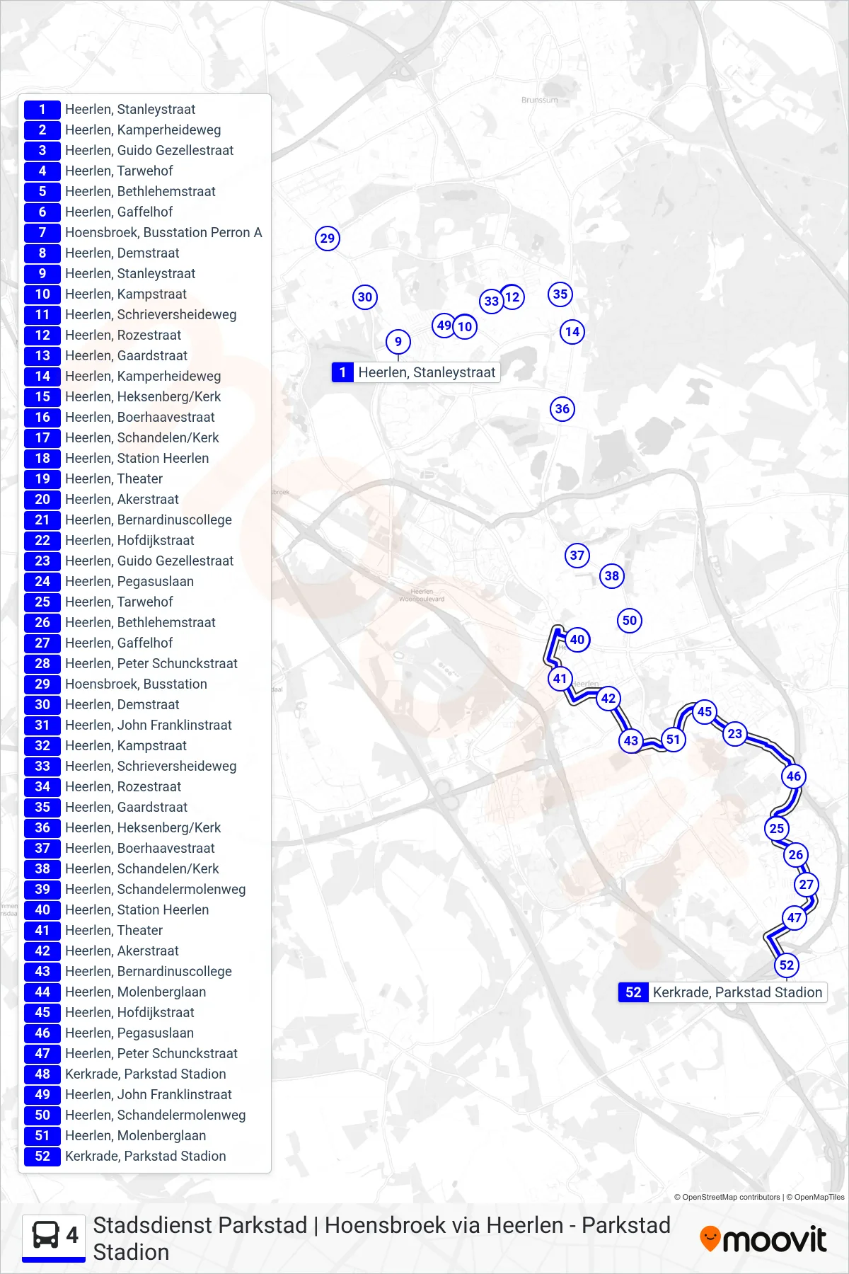 Lijn 4 (bus, Parkstad Stadion): route en haltes op de kaart
