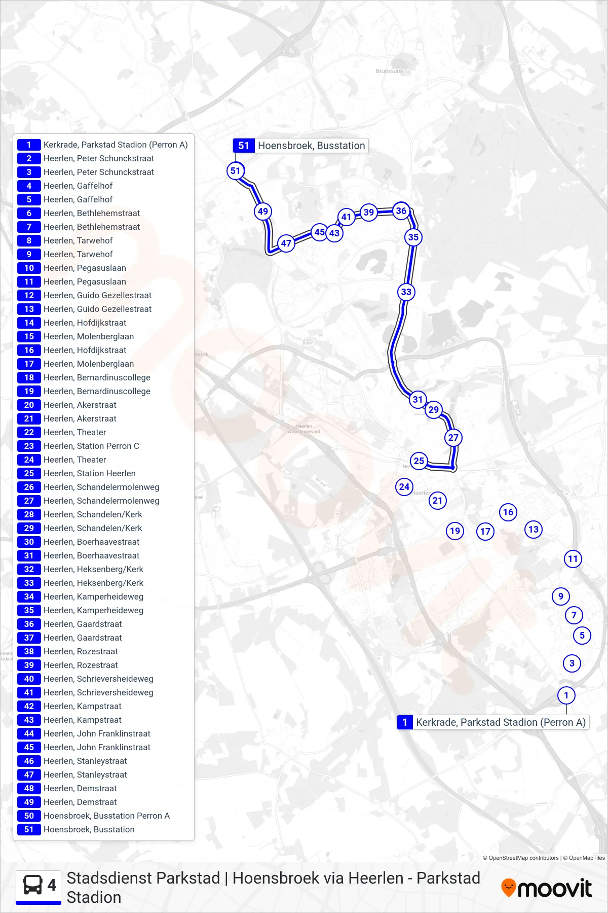 Lijn 4 (bus, Hoensbroek): route en haltes op de kaart