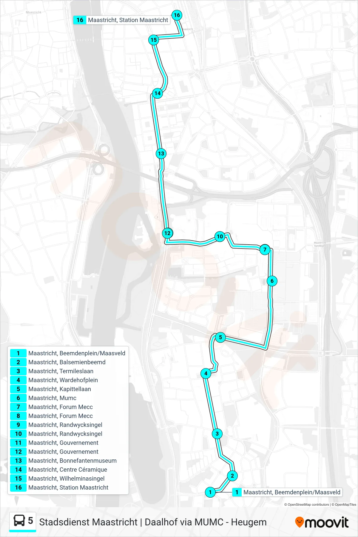 Linie 5 (Bus) Richtung Maastricht Station: Route und Haltestellen auf der Karte