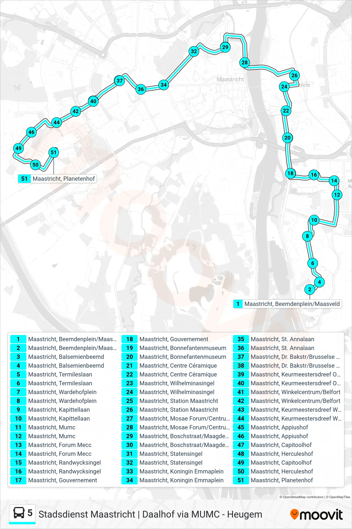 5 bus Line (Daalhof) route and stops on a map