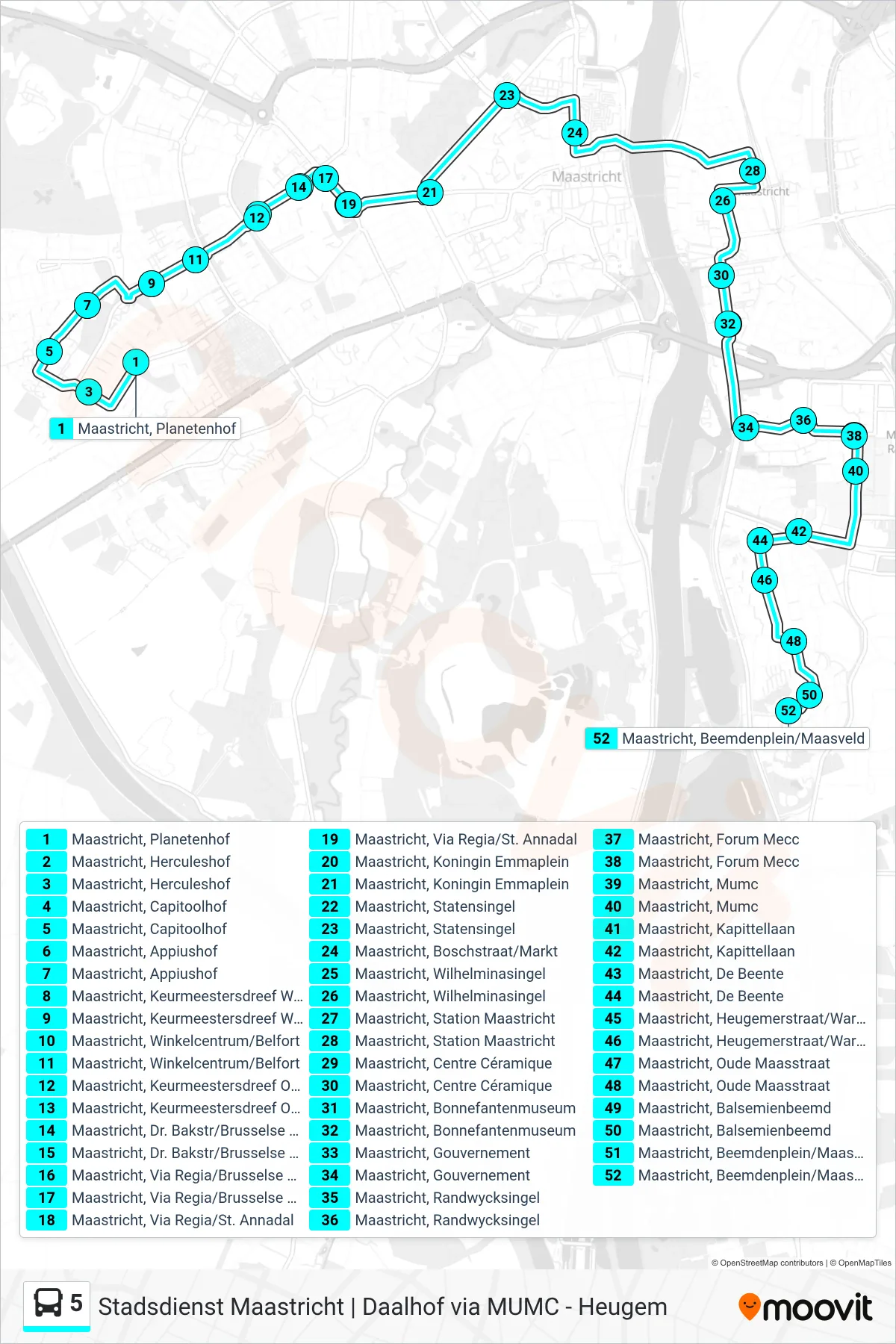 Lijn 5 (bus, Heugem): route en haltes op de kaart