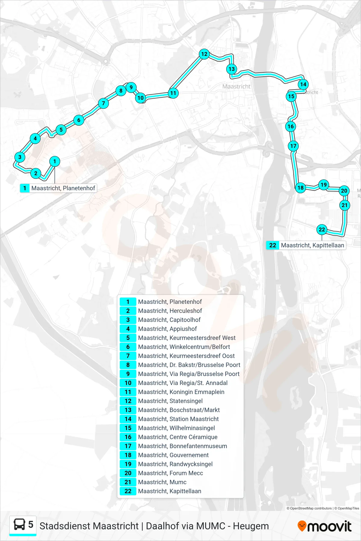Lijn 5 (bus, Maastricht Kapittellaan): route en haltes op de kaart