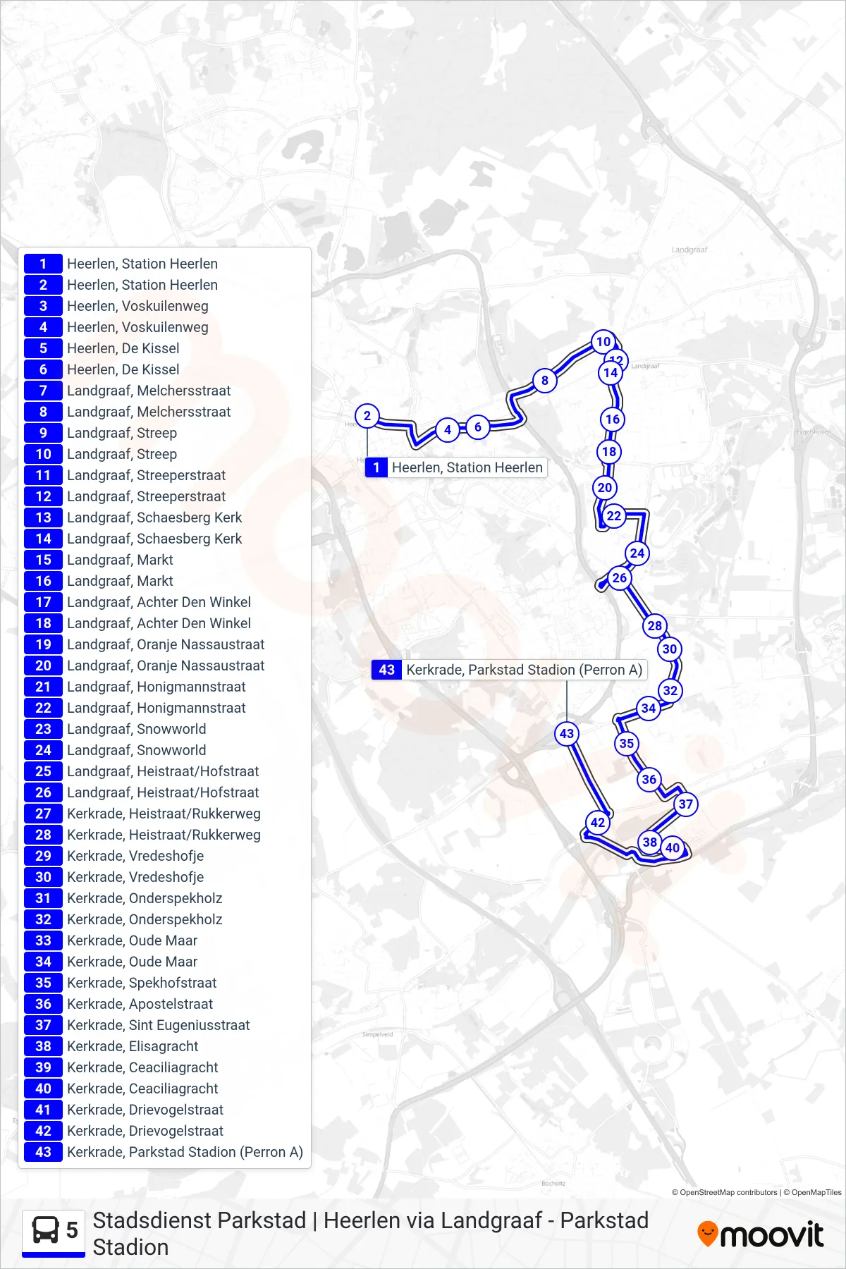 Lijn 5 (bus, Parkstad Stadion): route en haltes op de kaart