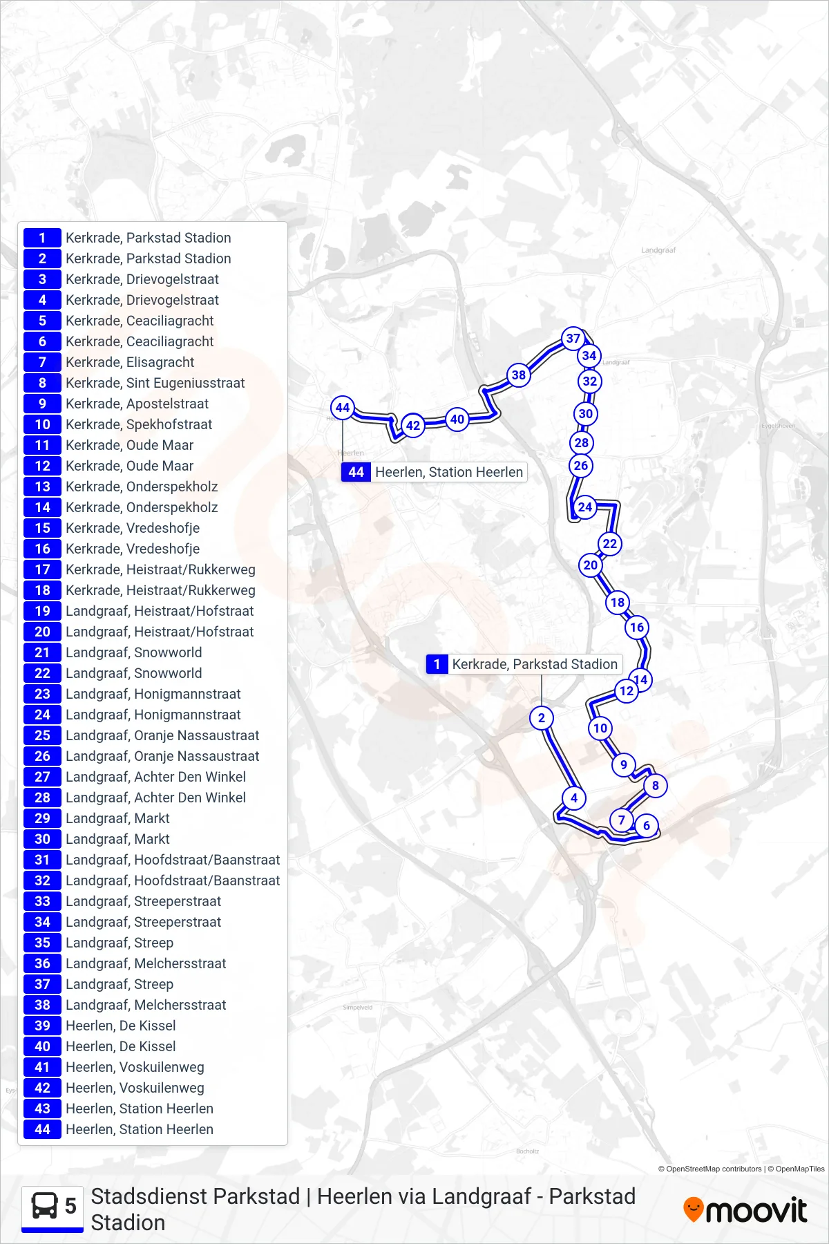 Lijn 5 (bus, Heerlen Station): route en haltes op de kaart