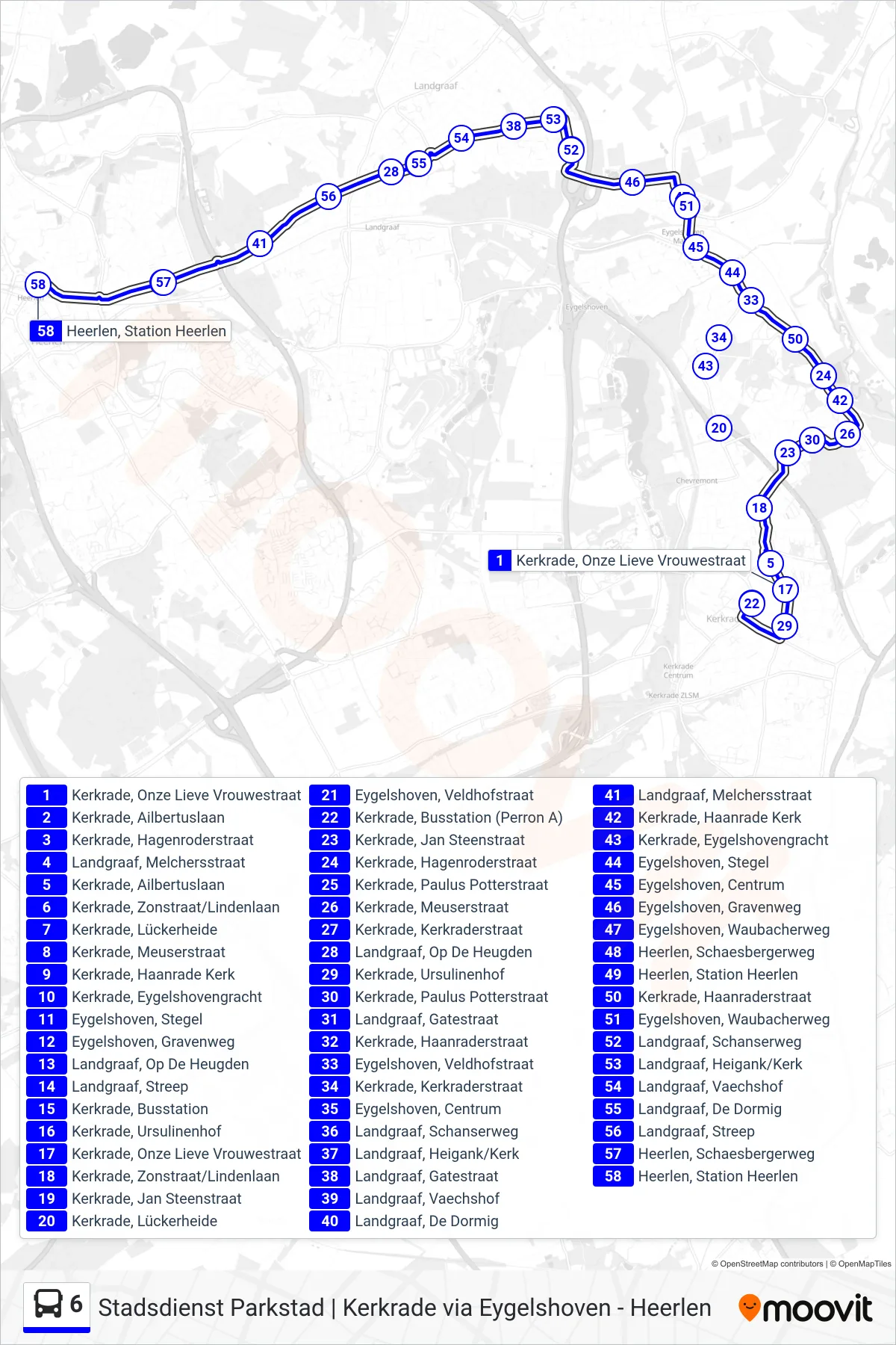 Lijn 6 (bus, Heerlen Station): route en haltes op de kaart