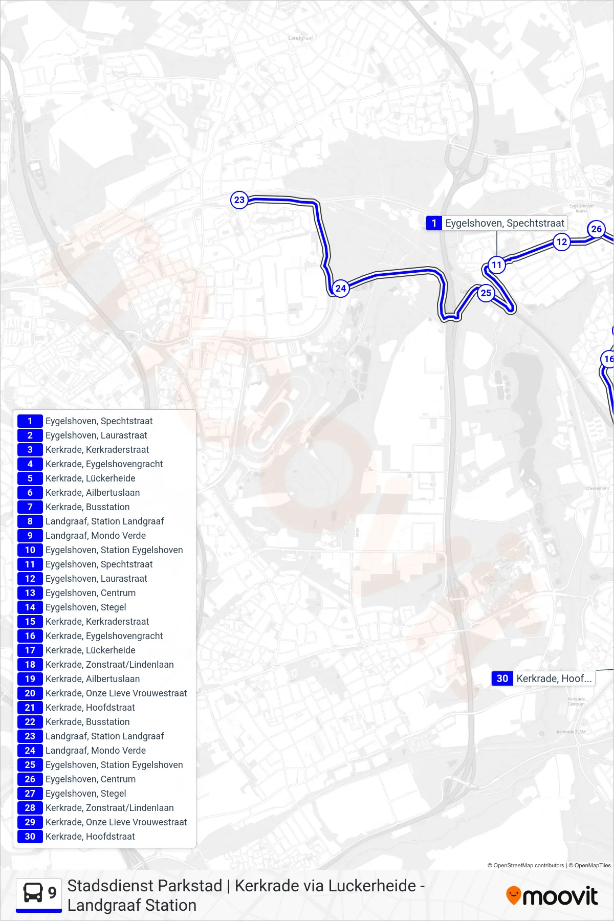 Lijn 9 (bus, Kerkrade): route en haltes op de kaart