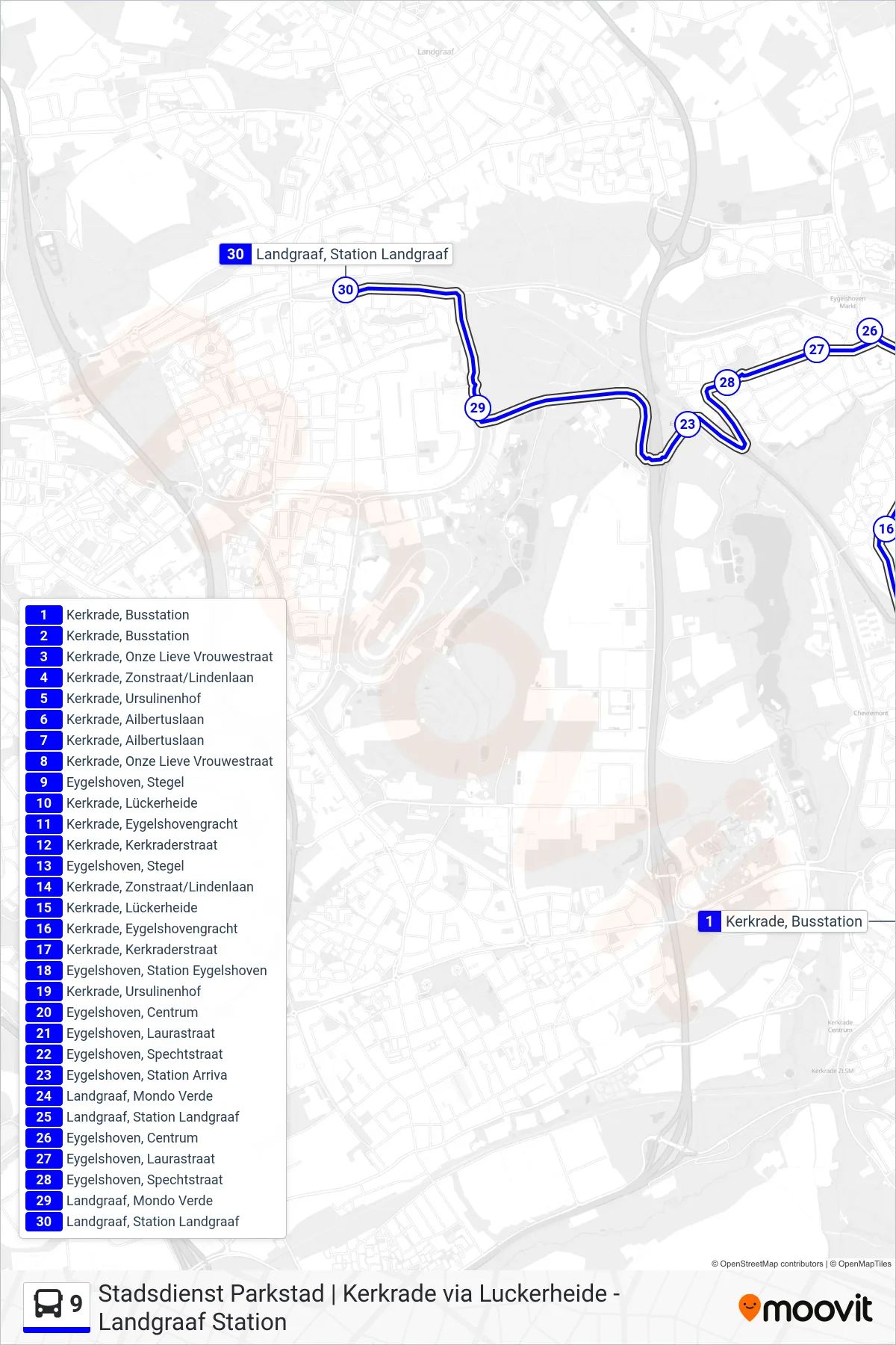 Lijn 9 (bus, Landgraaf Station): route en haltes op de kaart
