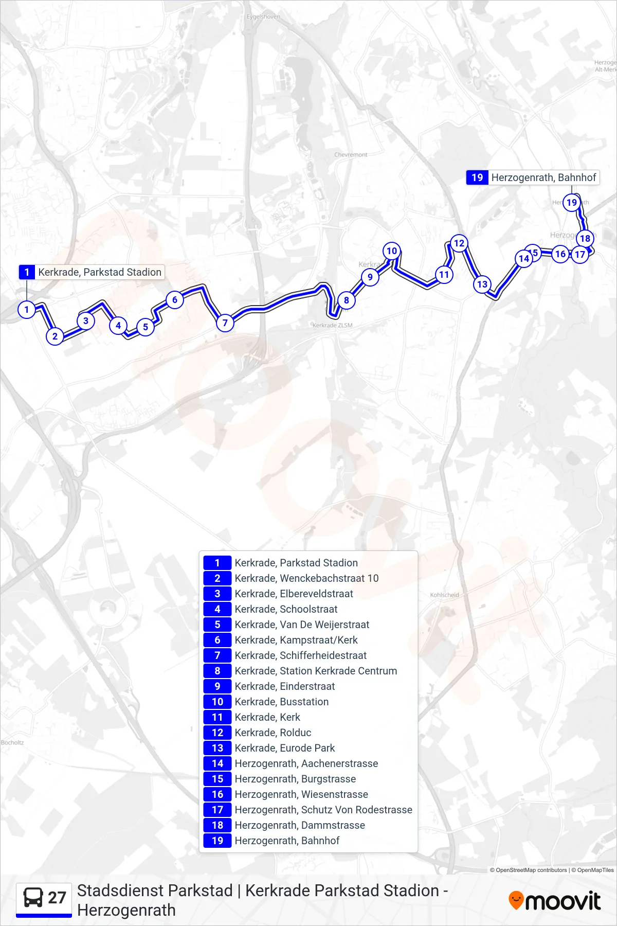 Lijn 27 (bus, Herzogenrath Bhf): route en haltes op de kaart