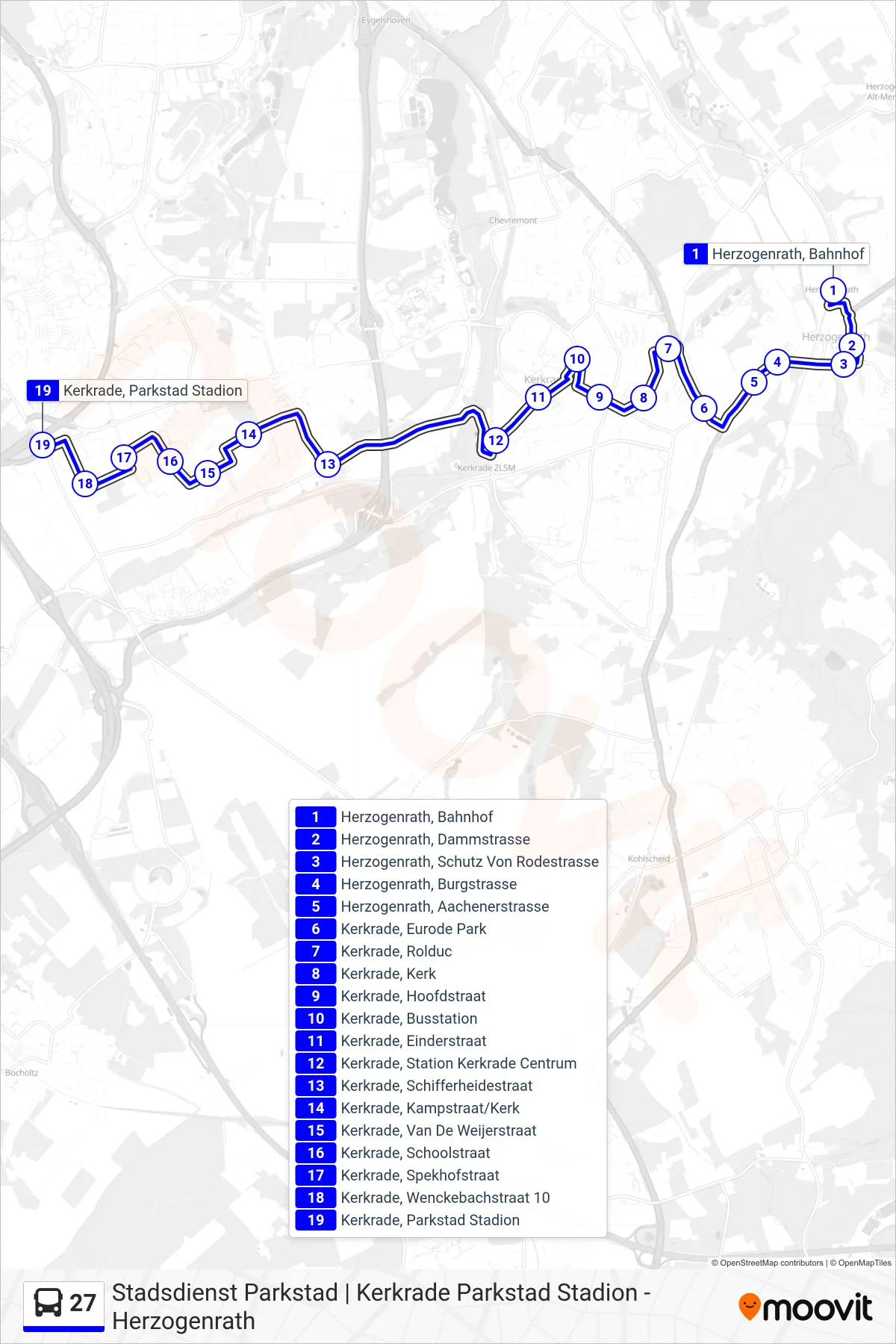 27 bus Line (Parkstad Stadion) route and stops on a map
