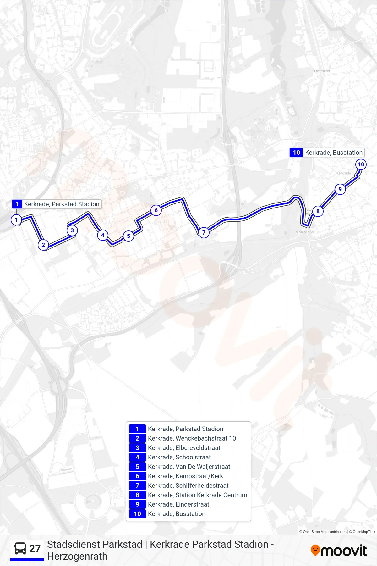 27 bus Line (Kerkrade) route and stops on a map