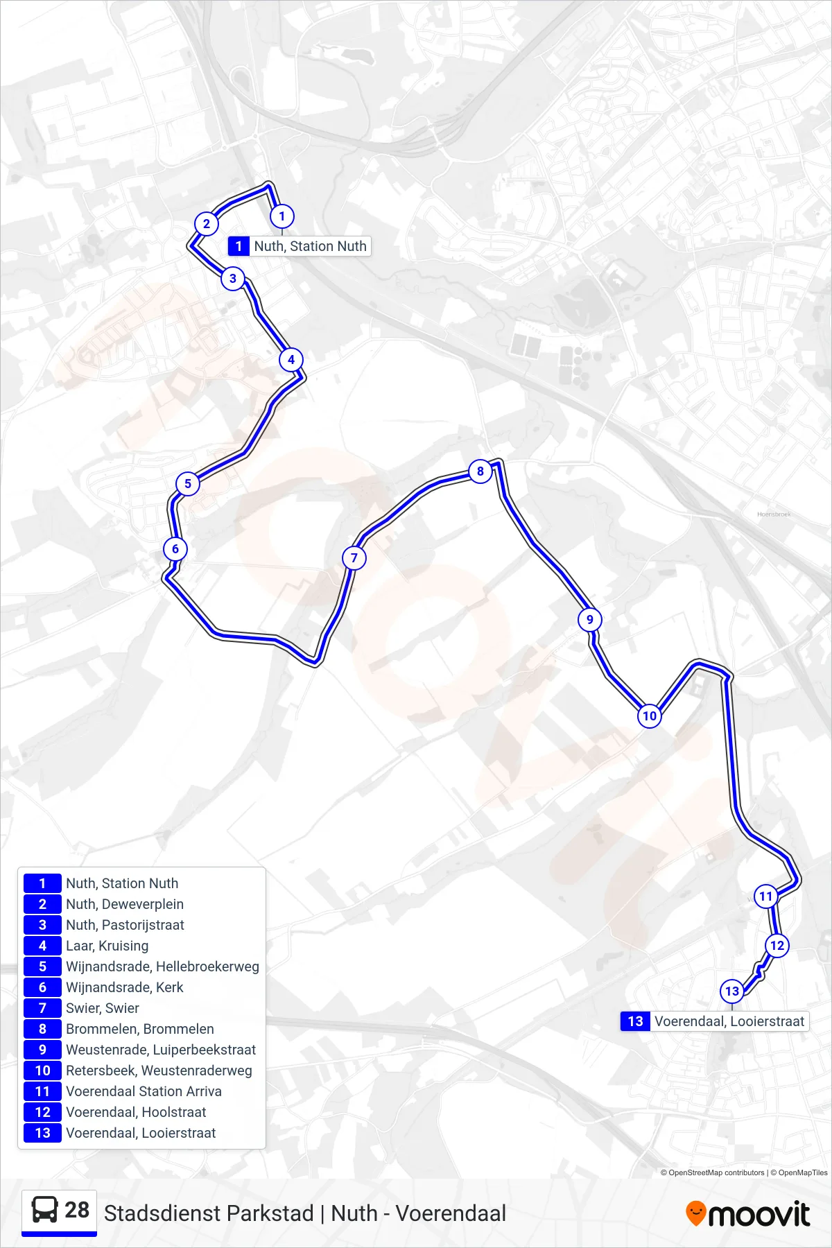 28 bus Line (Voerendaal Centrum) route and stops on a map