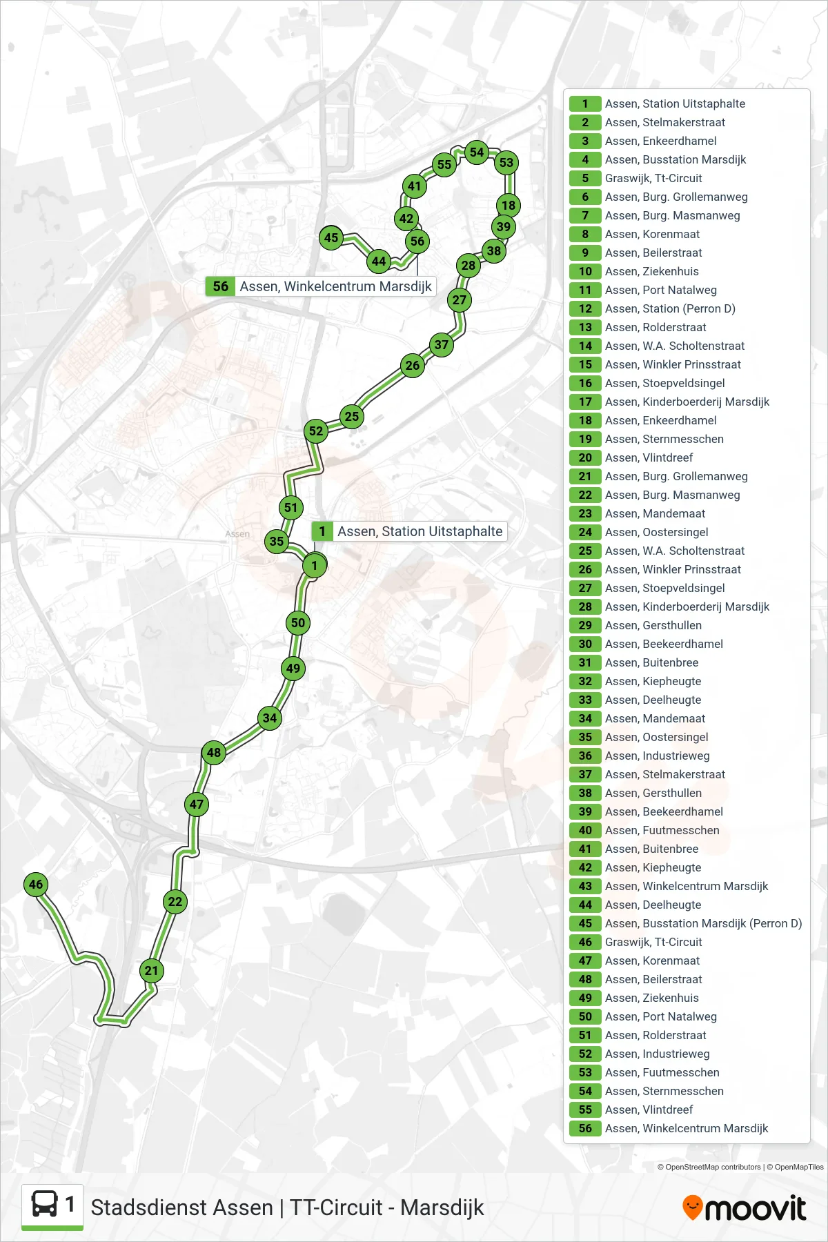 Lijn 1 (bus, Marsdijk): route en haltes op de kaart