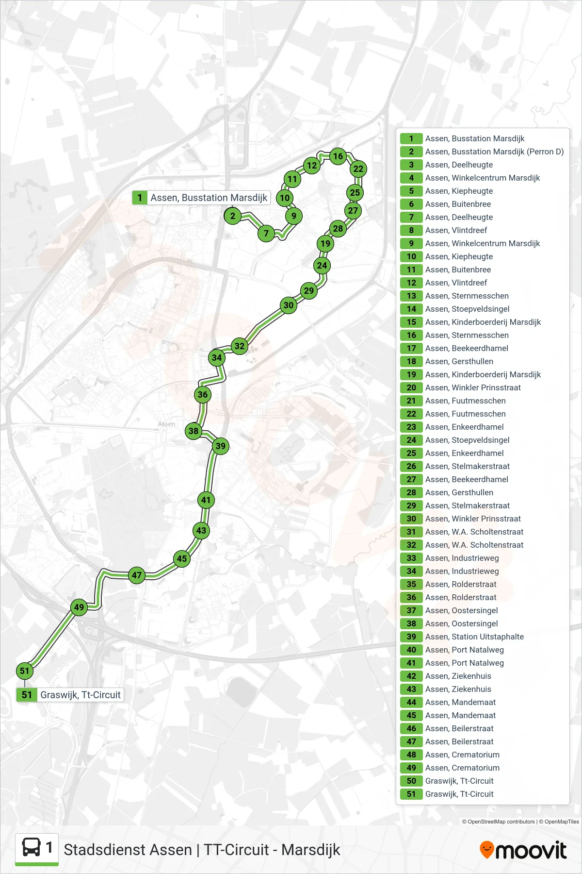 Lijn 1 (bus, Tt-Circuit): route en haltes op de kaart