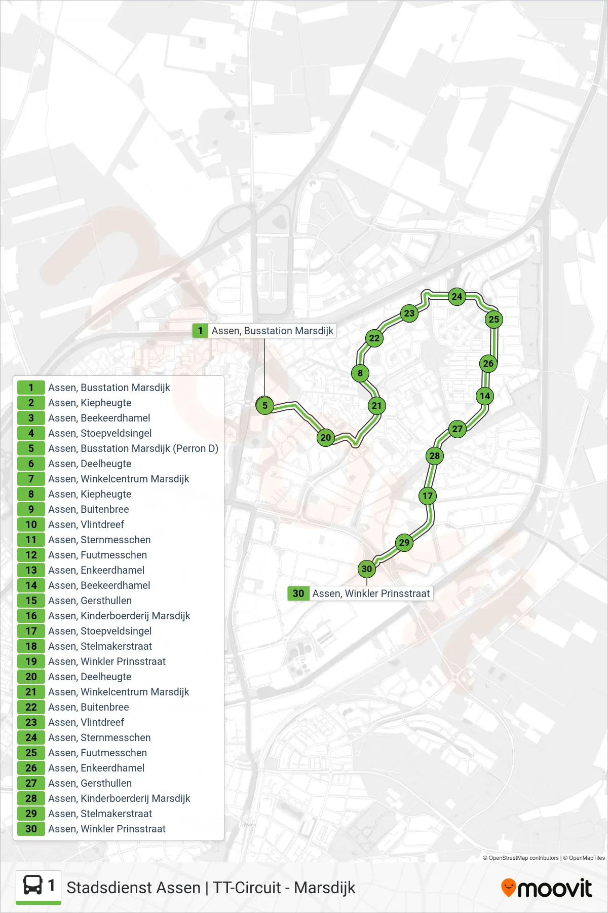 Lijn 1 (bus, Winkler Prinsstraat): route en haltes op de kaart