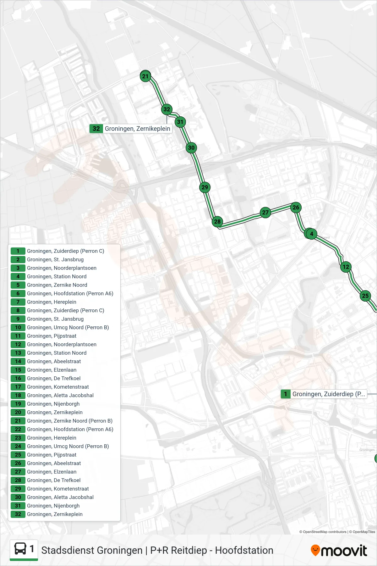 Lijn 1 (bus, Zernike Campus): route en haltes op de kaart