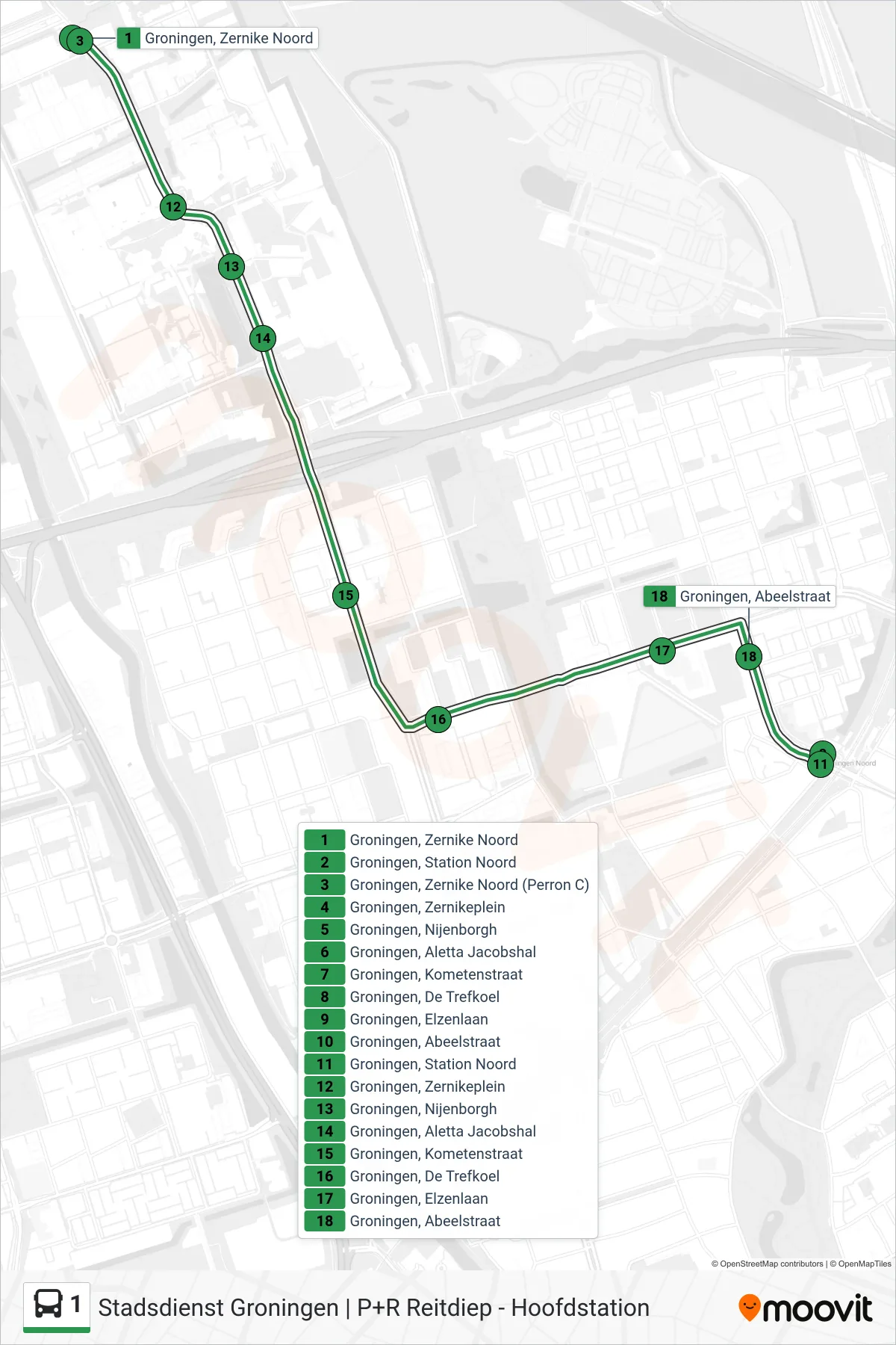 Lijn 1 (bus, Station Noord): route en haltes op de kaart