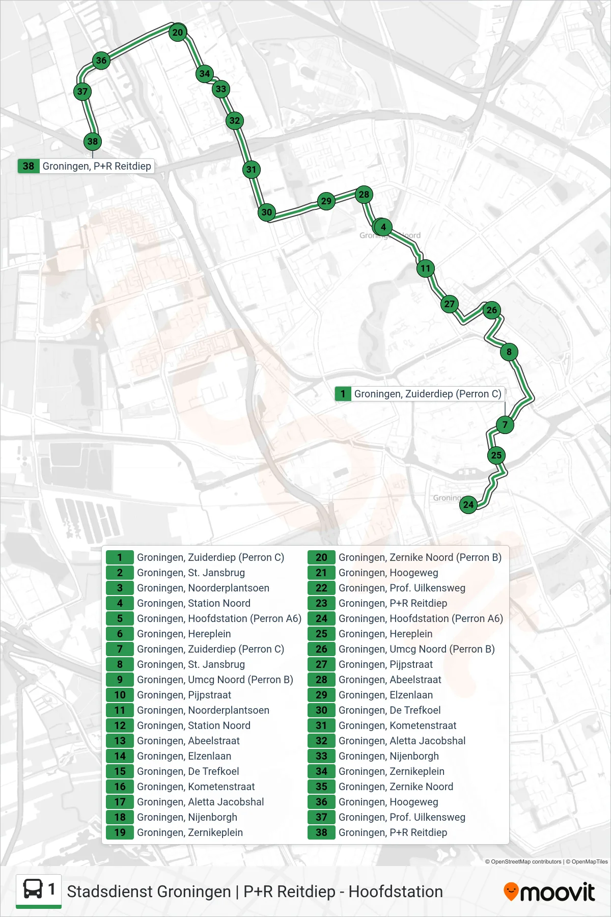 Lijn 1 (bus, P+R Reitdiep): route en haltes op de kaart