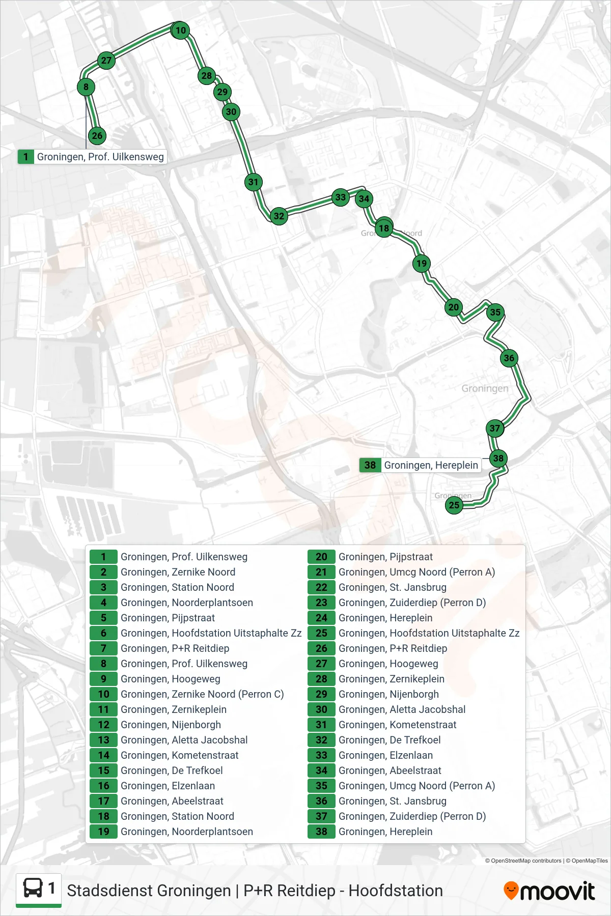 Lijn 1 (bus, Hoofdstation): route en haltes op de kaart