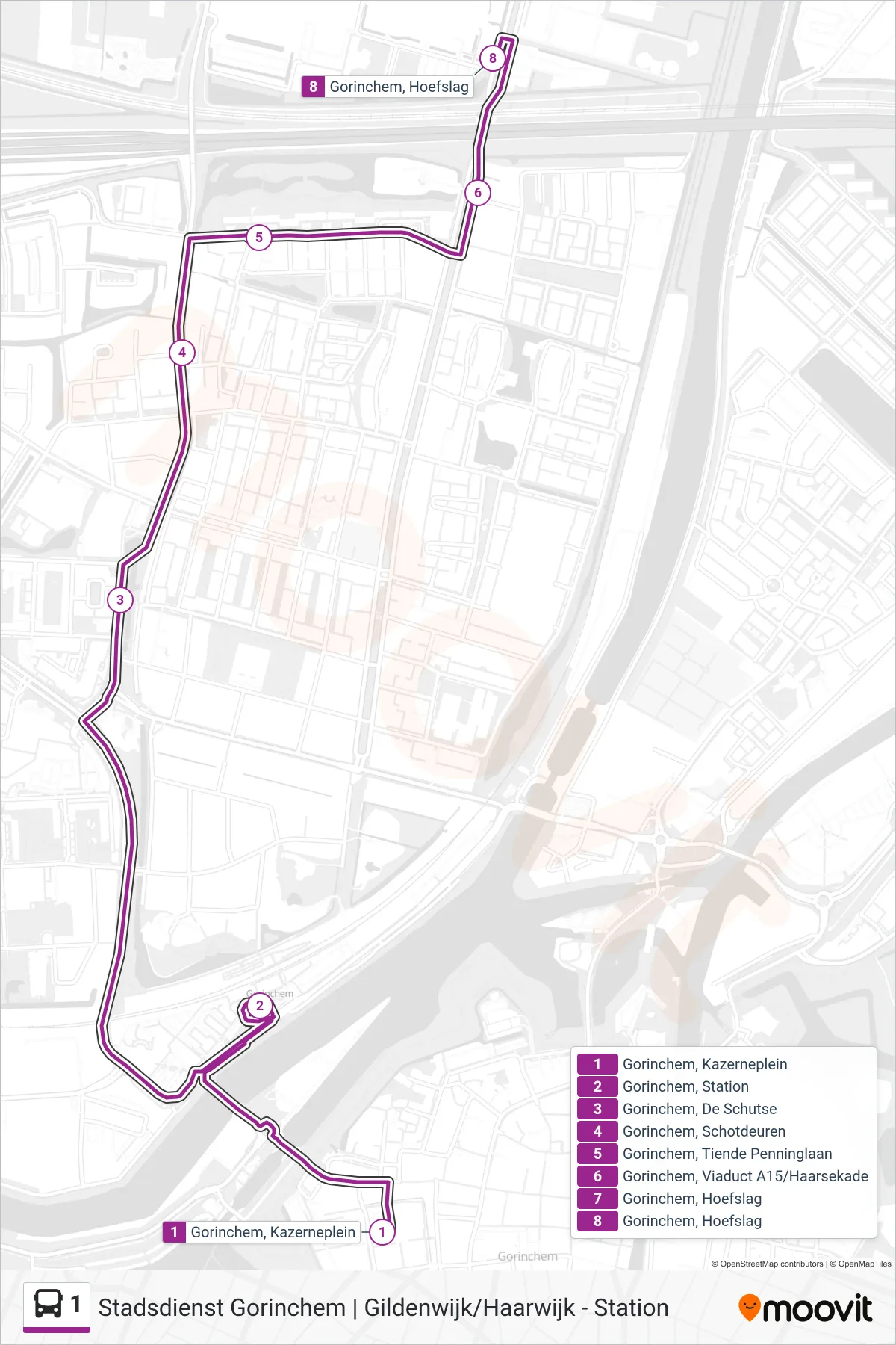 1 bus Line (Haarwijk) route and stops on a map