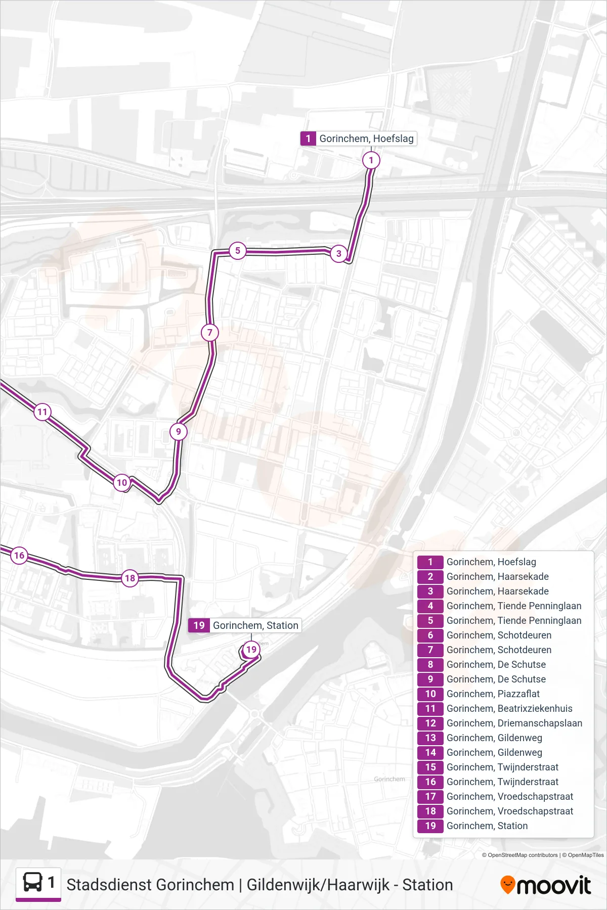 Lijn 1 (bus, Station): route en haltes op de kaart