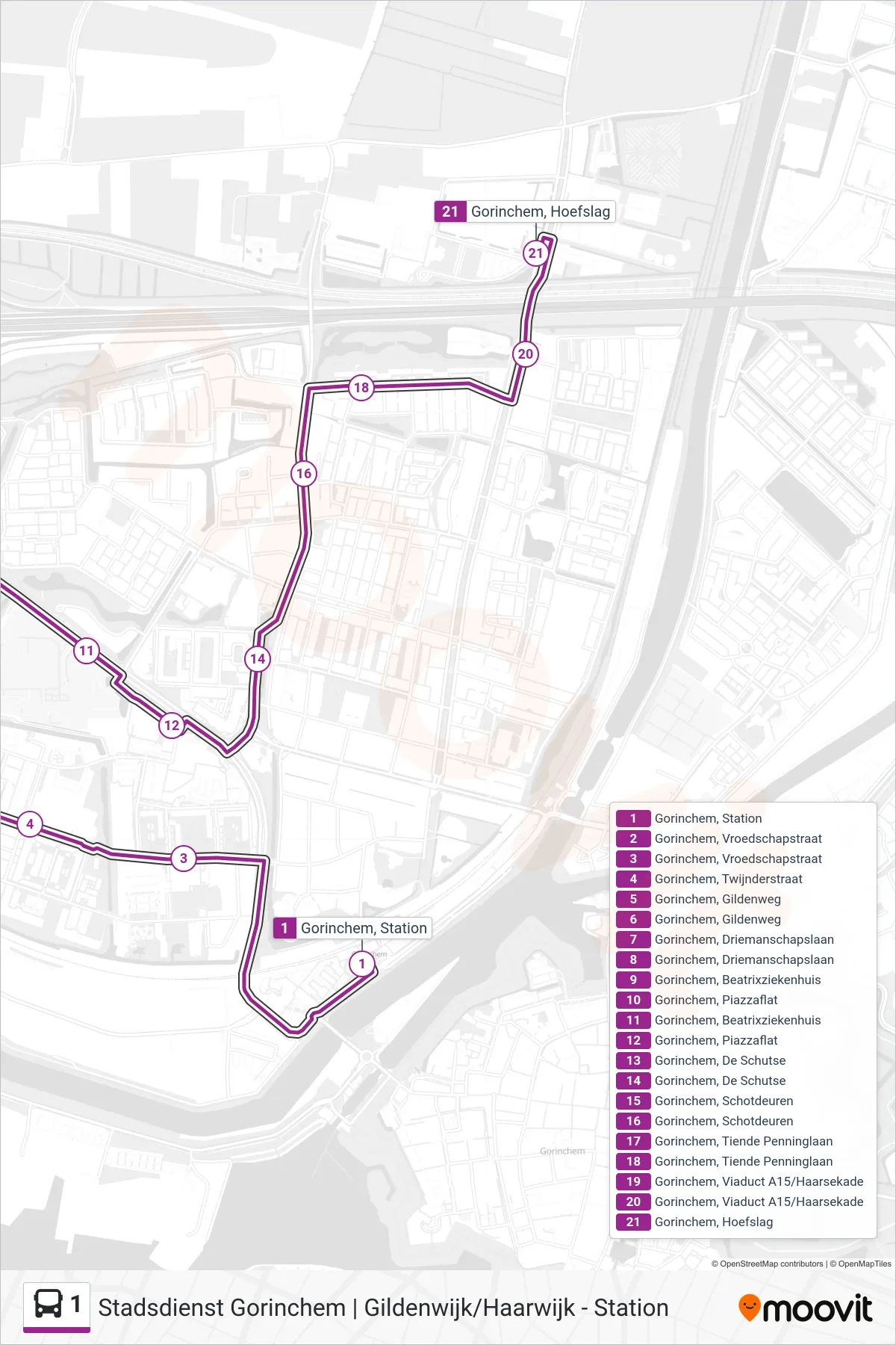 1 bus Line (Gildenwijk) route and stops on a map