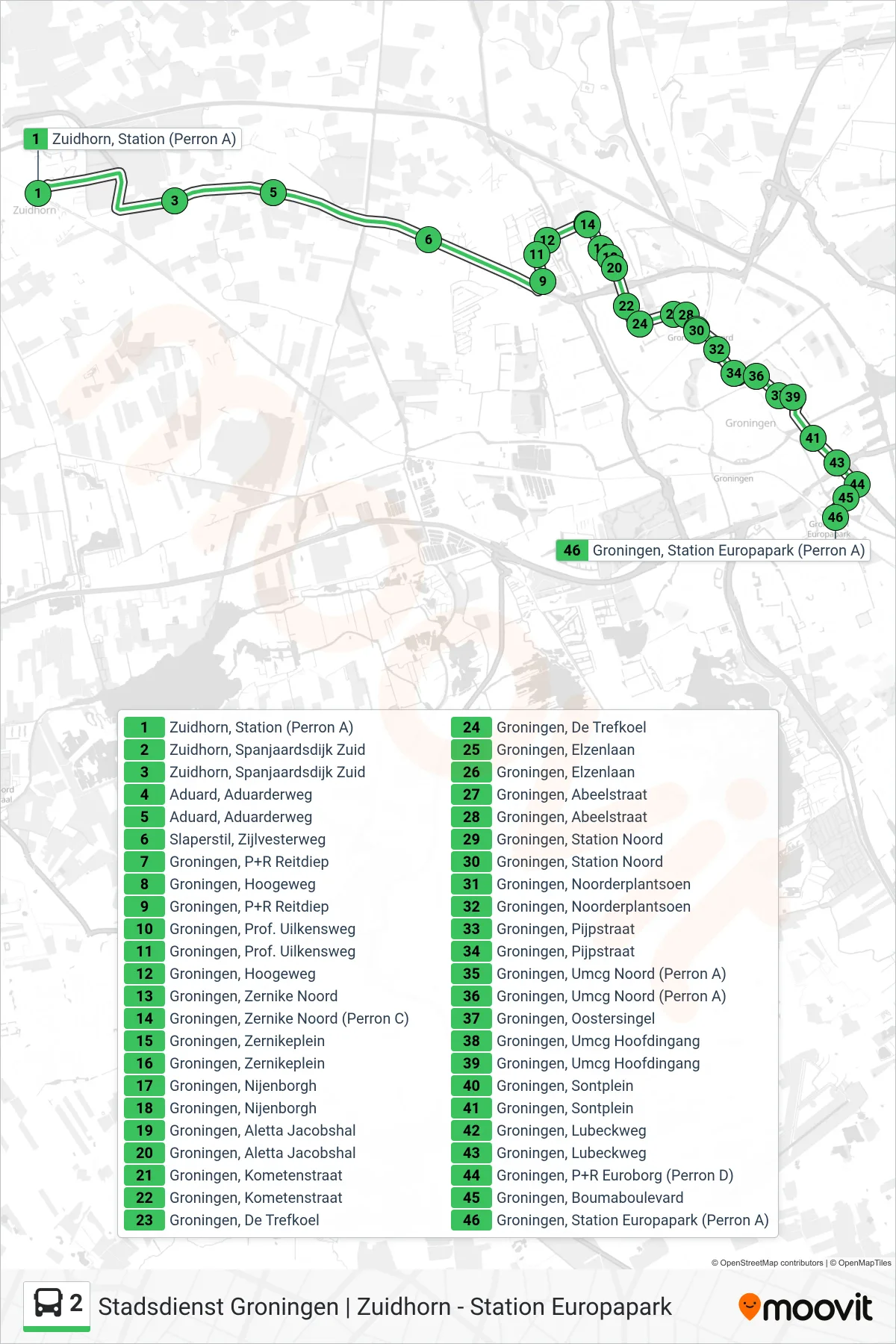 Linie 2 (Bus) Richtung Zernike - Umcg: Route und Haltestellen auf der Karte