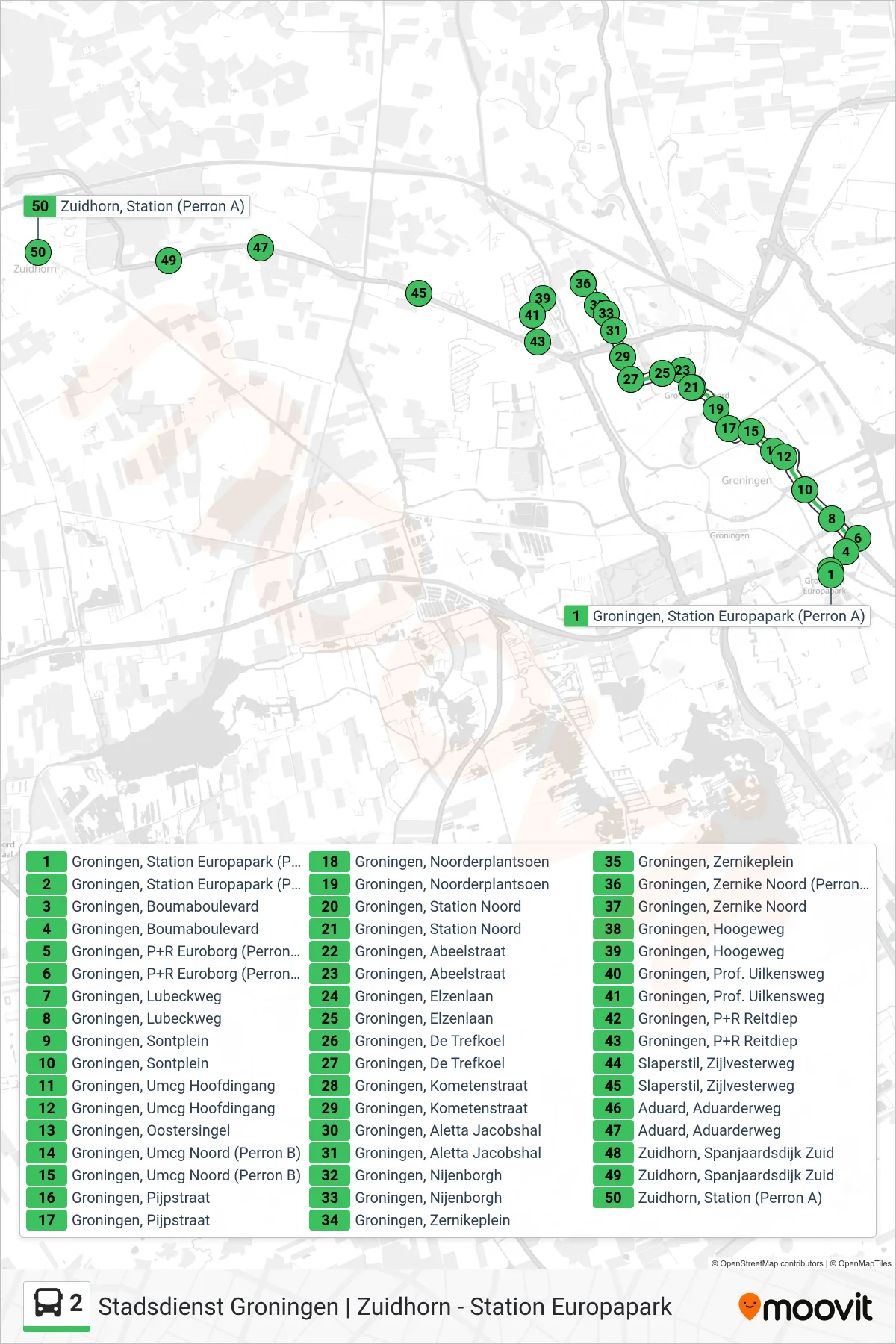 Lijn 2 (bus, Zernike Via): route en haltes op de kaart