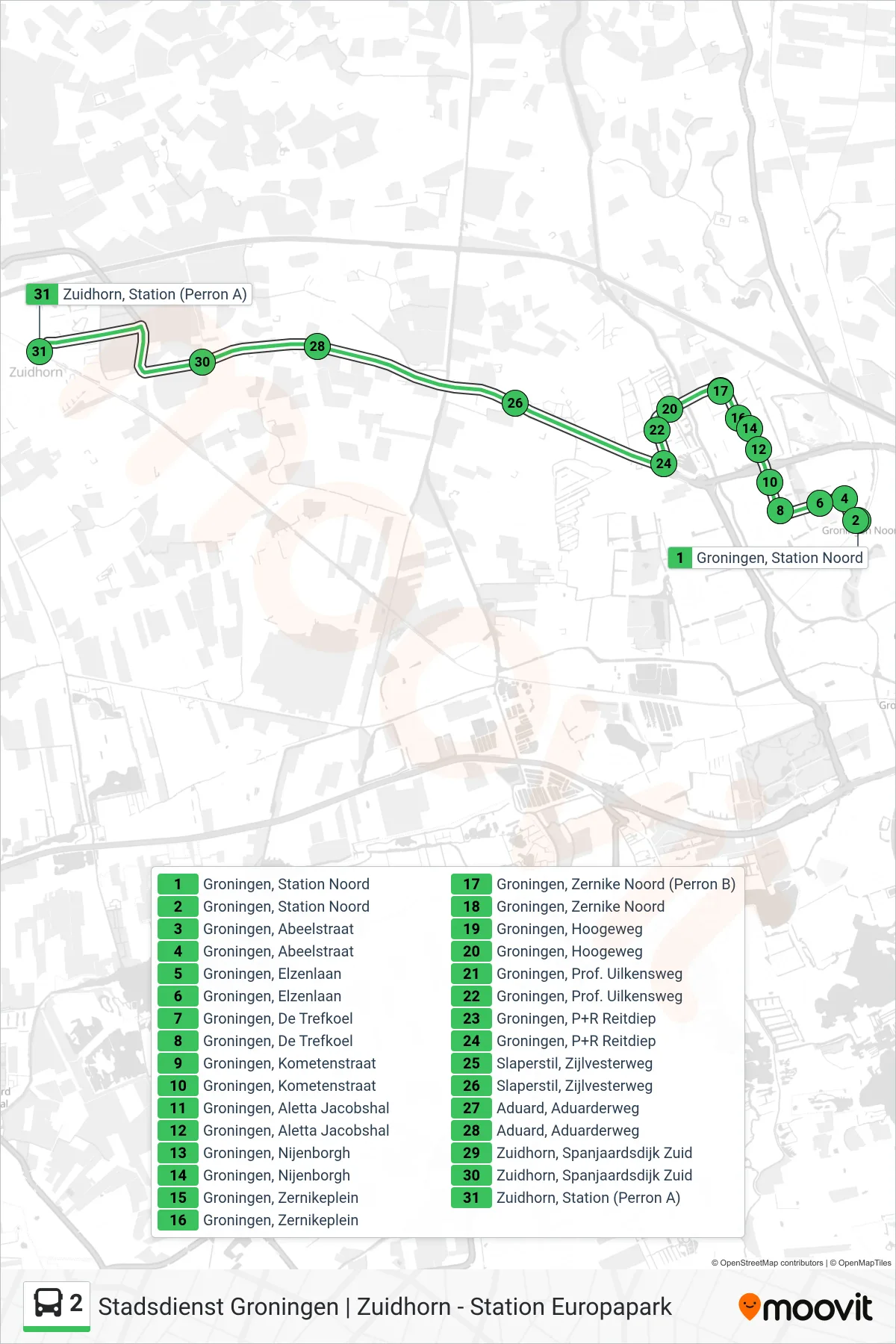 Linie 2 (Bus) Richtung Zuidhorn: Route und Haltestellen auf der Karte