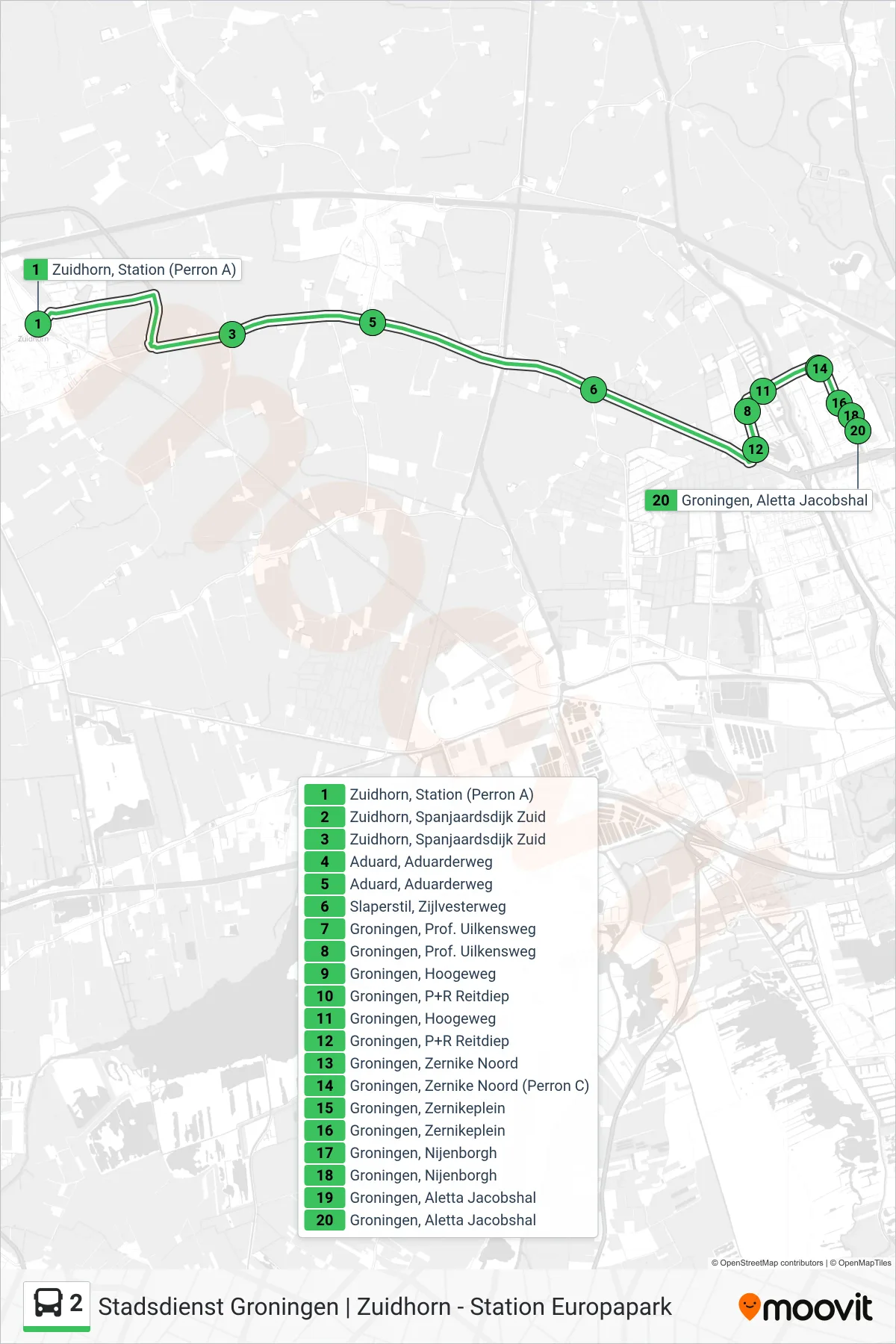 Lijn 2 (bus, Zernike Campus): route en haltes op de kaart