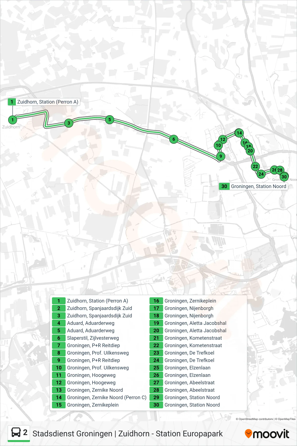 Lijn 2 (bus, Groningen Noord): route en haltes op de kaart