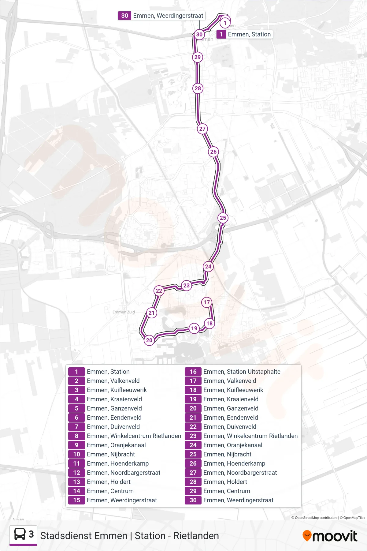 Lijn 3 (bus, Station Via Centrum): route en haltes op de kaart