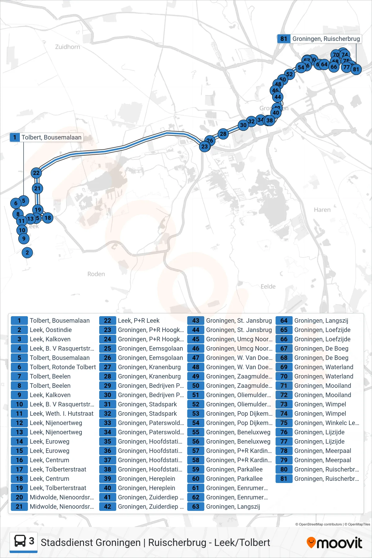 Linie 3 (Bus) Richtung Groningen: Route und Haltestellen auf der Karte
