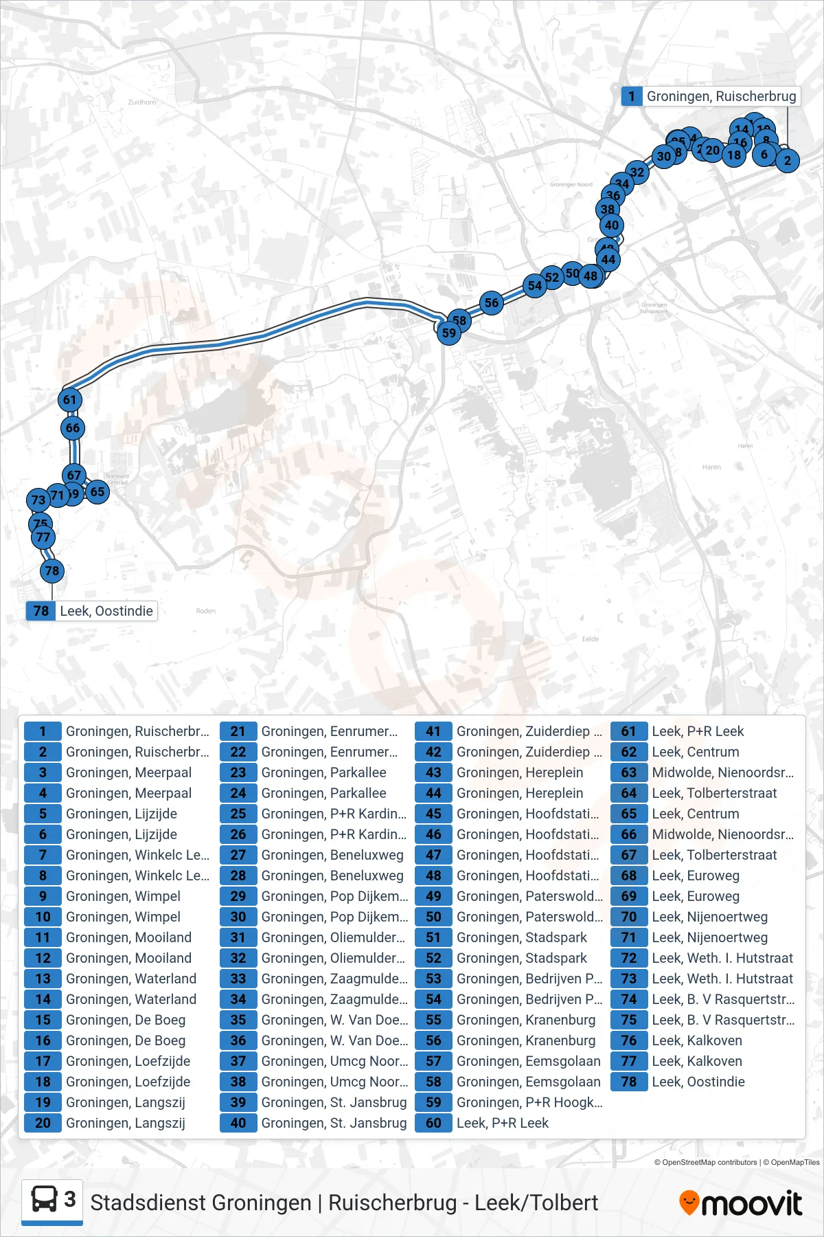 Lijn 3 (bus, Leek Oostindie): route en haltes op de kaart