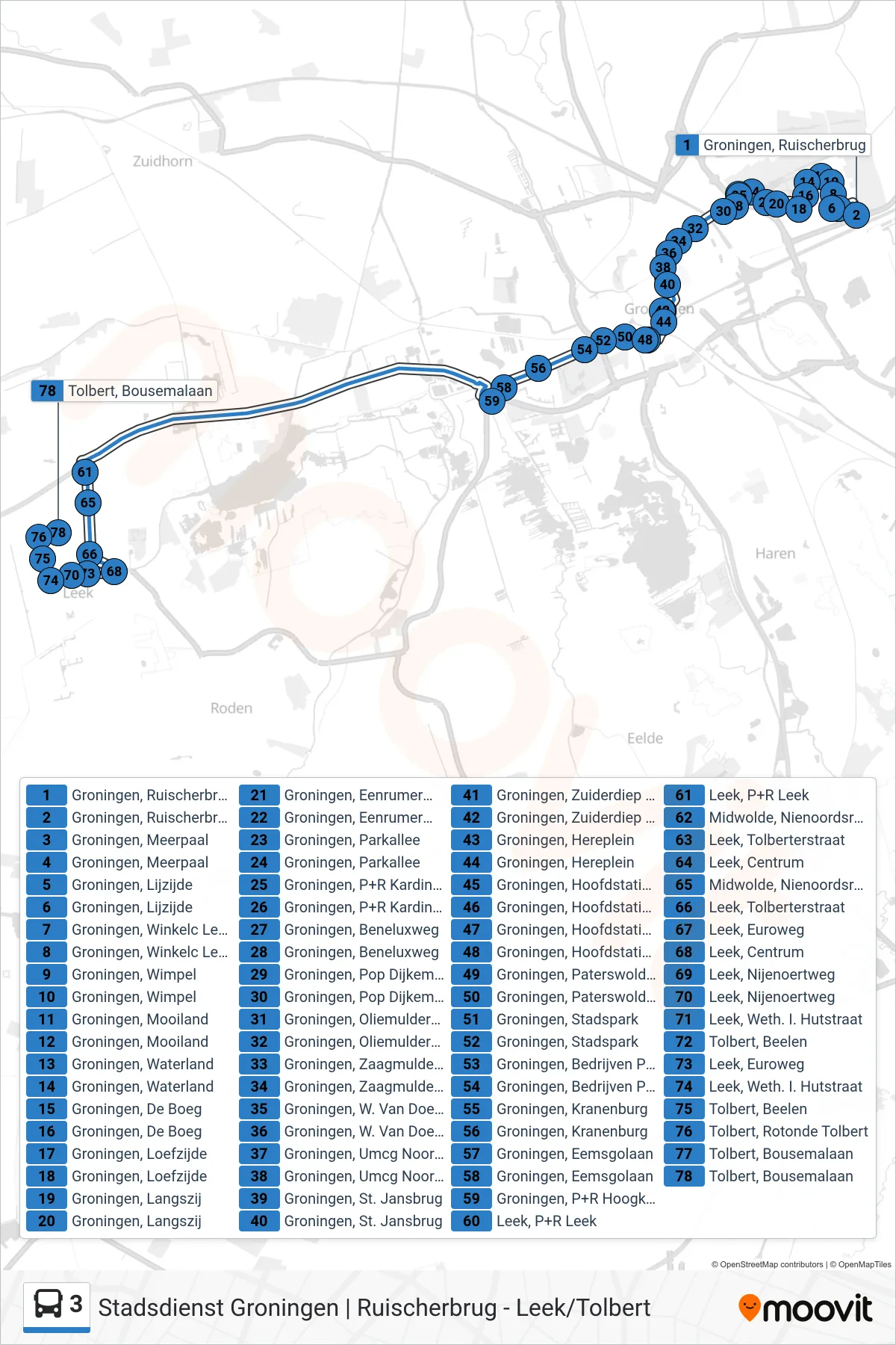 Lijn 3 (bus, Leek - Tolbert): route en haltes op de kaart