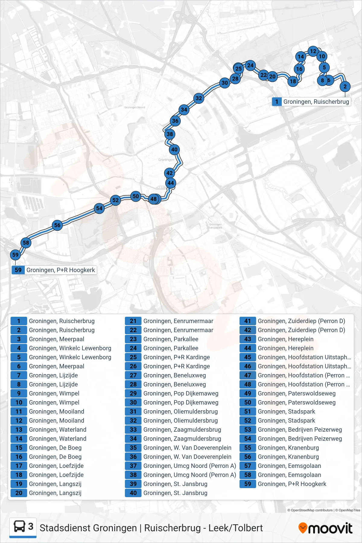 Lijn 3 (bus, P+R Hoogkerk): route en haltes op de kaart