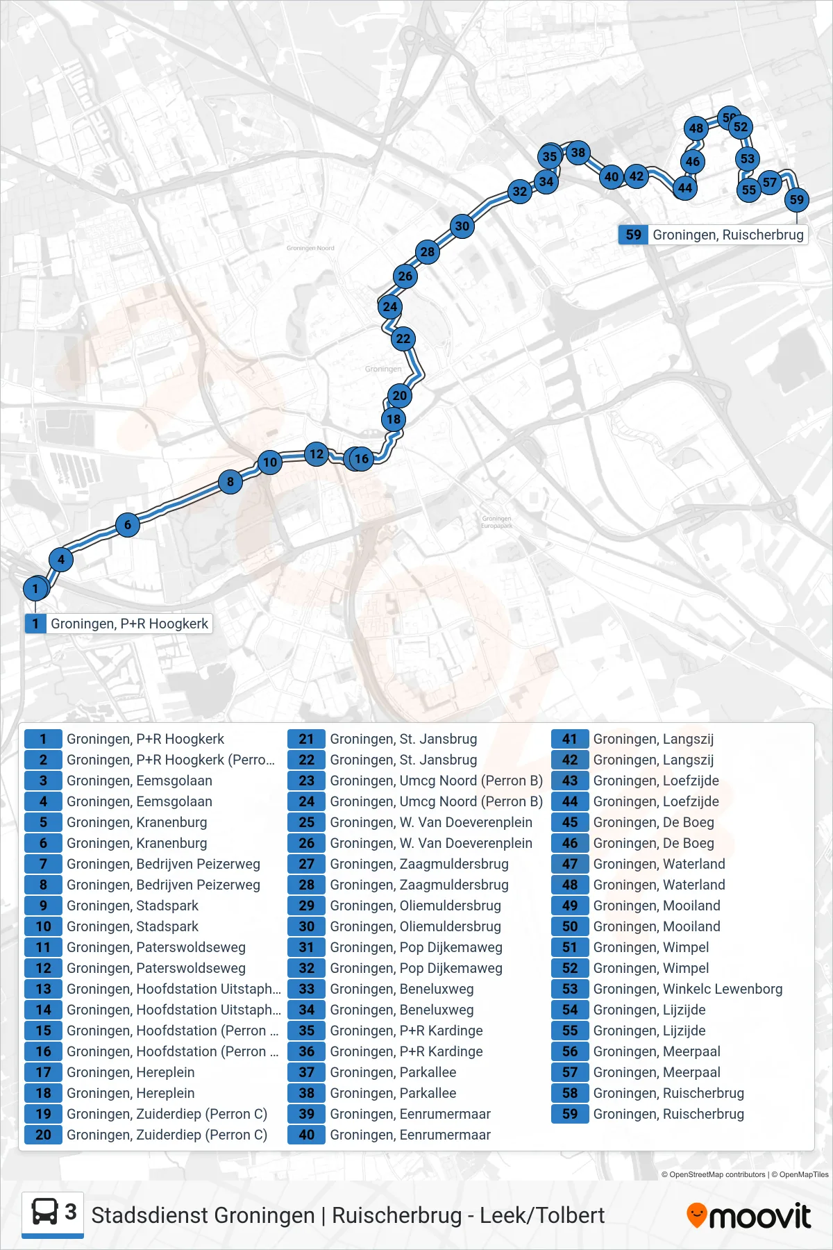 Lijn 3 (bus, Lewenborg): route en haltes op de kaart