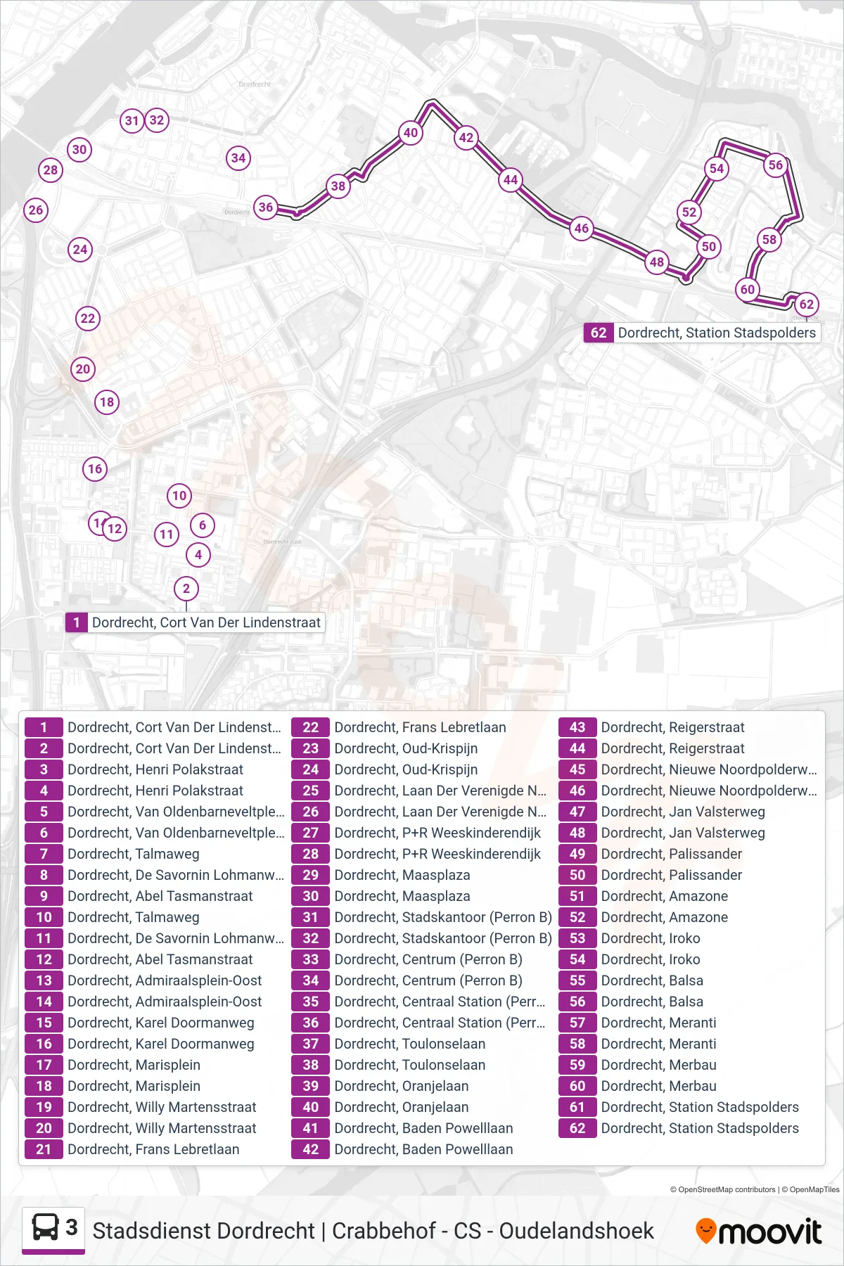 Lijn 3 (bus, Oudelandshoek): route en haltes op de kaart