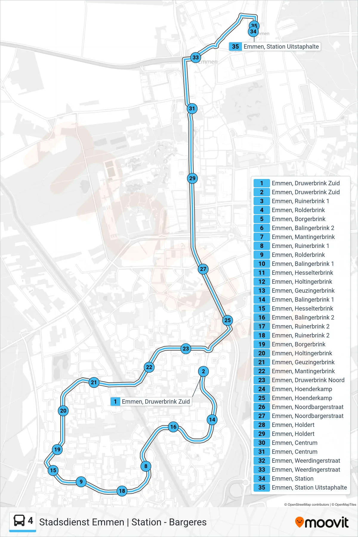 Lijn 4 (bus, Station Via Centrum): route en haltes op de kaart