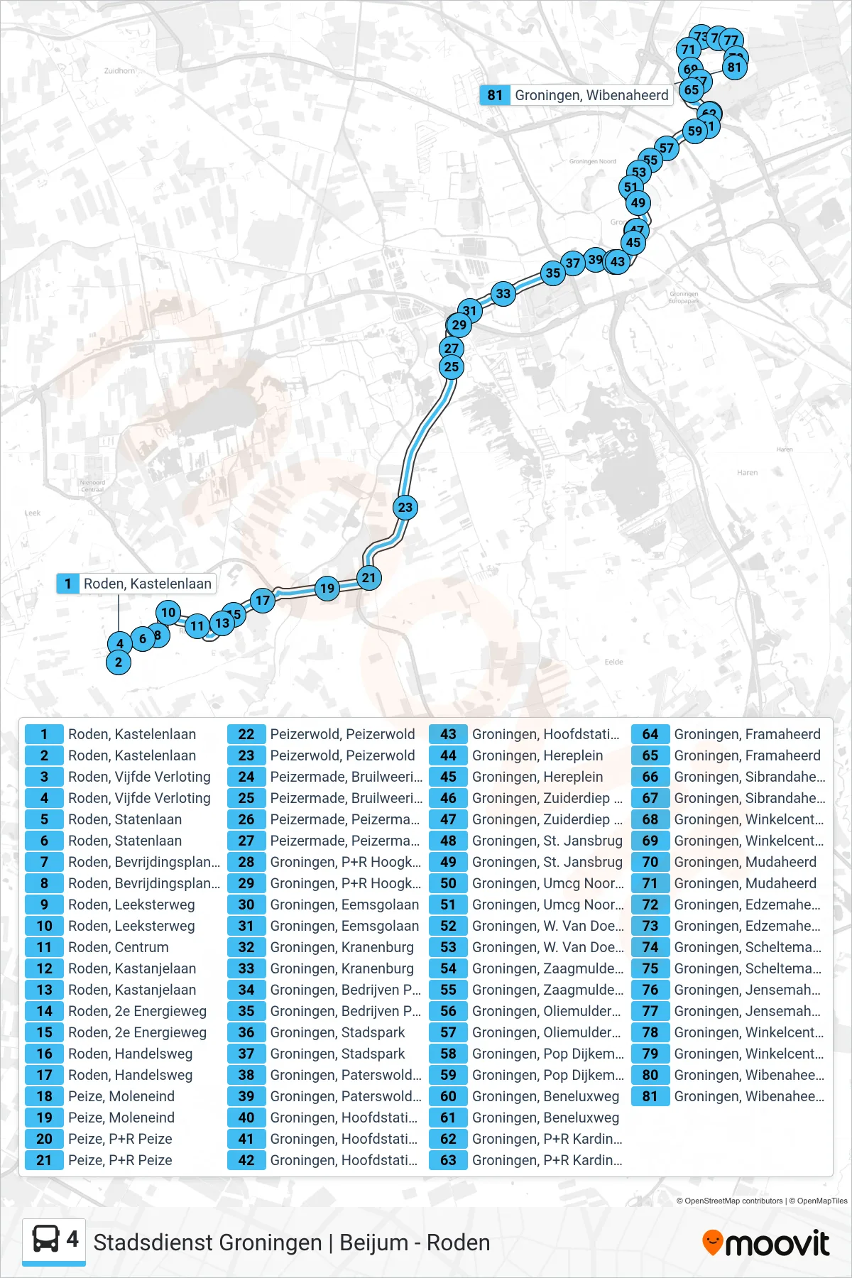 Lijn 4 (bus, Groningen): route en haltes op de kaart