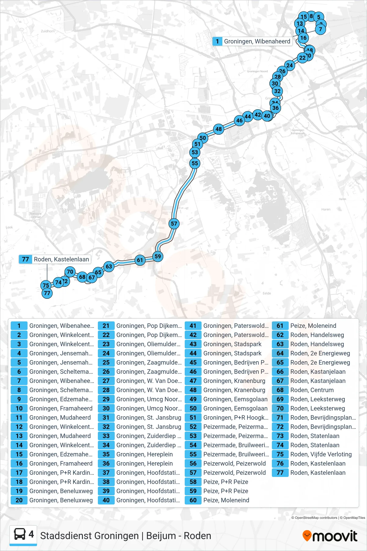 Lijn 4 (bus, Roden): route en haltes op de kaart