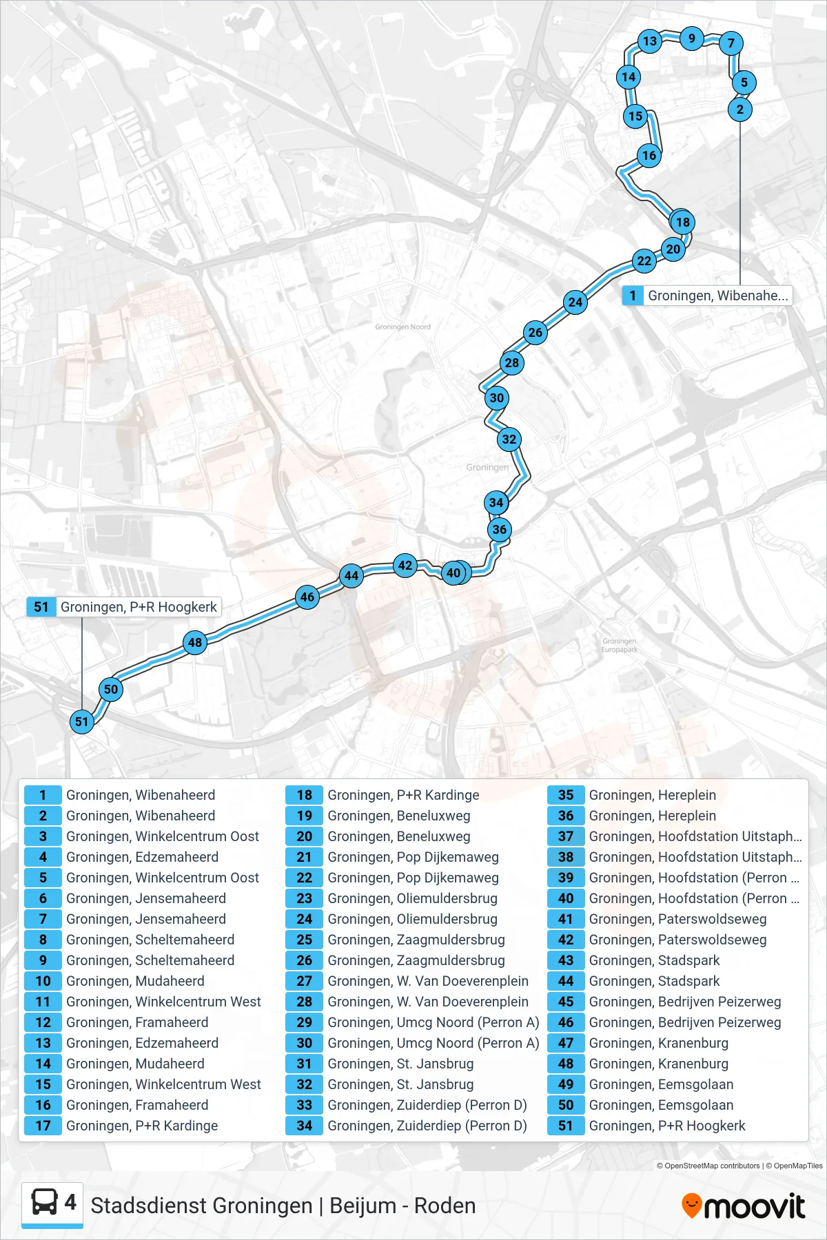 Linie 4 (Bus) Richtung P+R Hoogkerk: Route und Haltestellen auf der Karte