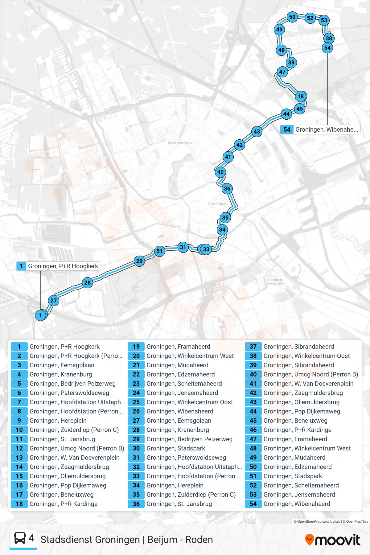 Lijn 4 (bus, Beijum): route en haltes op de kaart