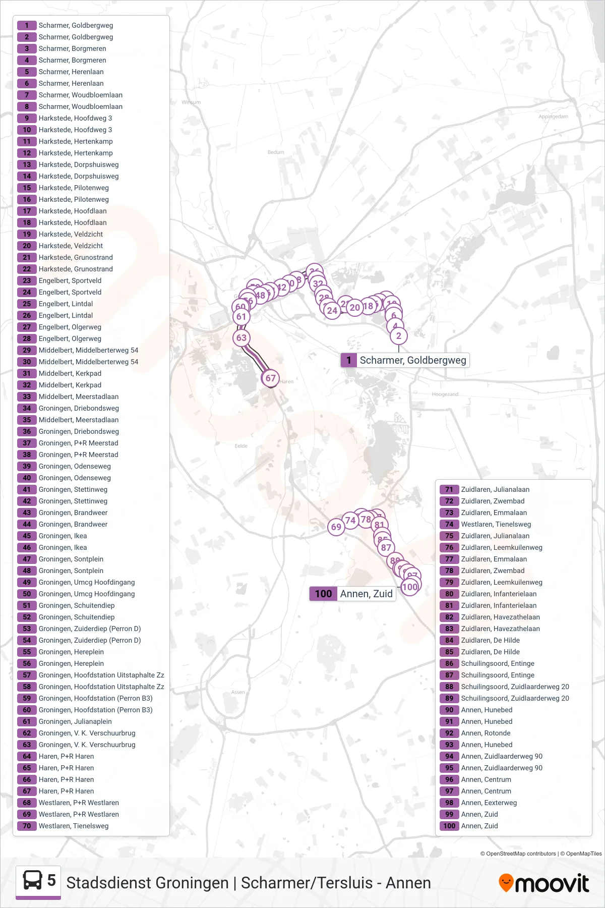 5 bus Line (Groningen) route and stops on a map