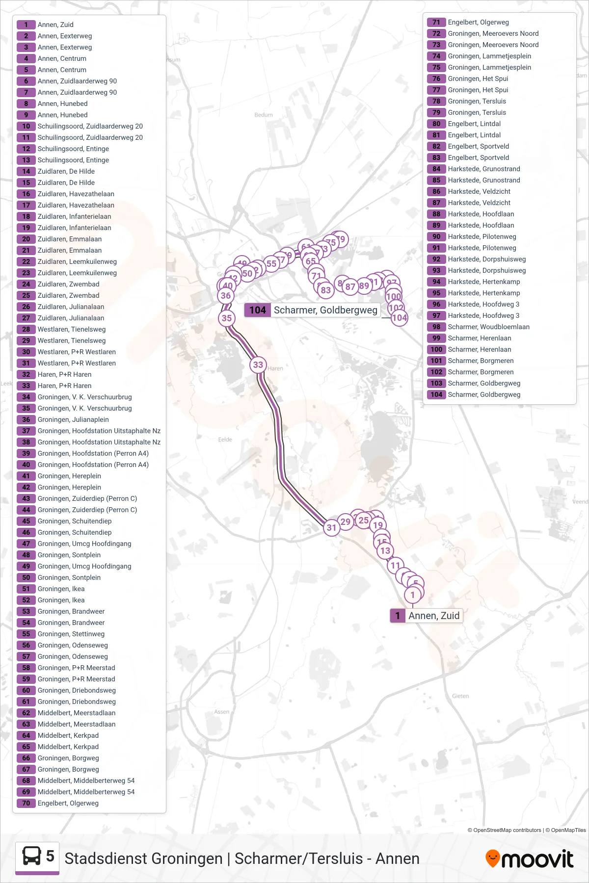 Lijn 5 (bus, Groningen): route en haltes op de kaart