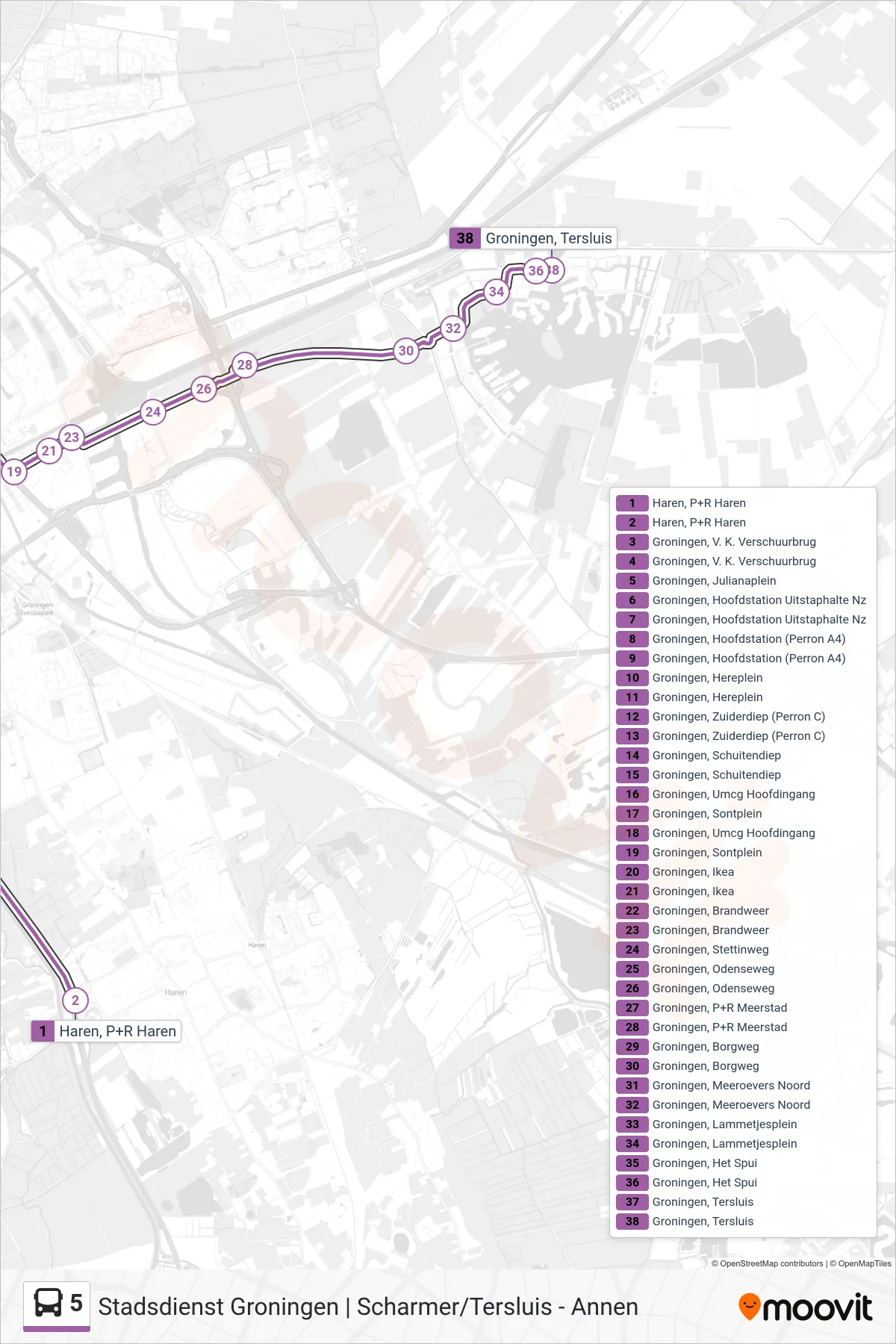 Lijn 5 (bus, Meerstad Tersluis): route en haltes op de kaart